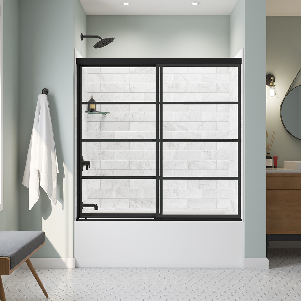 Maax Incognito 57 Shaker 56-59 x 56 3/4 in. 8mm Bypass Tub Door for Alcove Installation with Shaker glass in Matte Black
