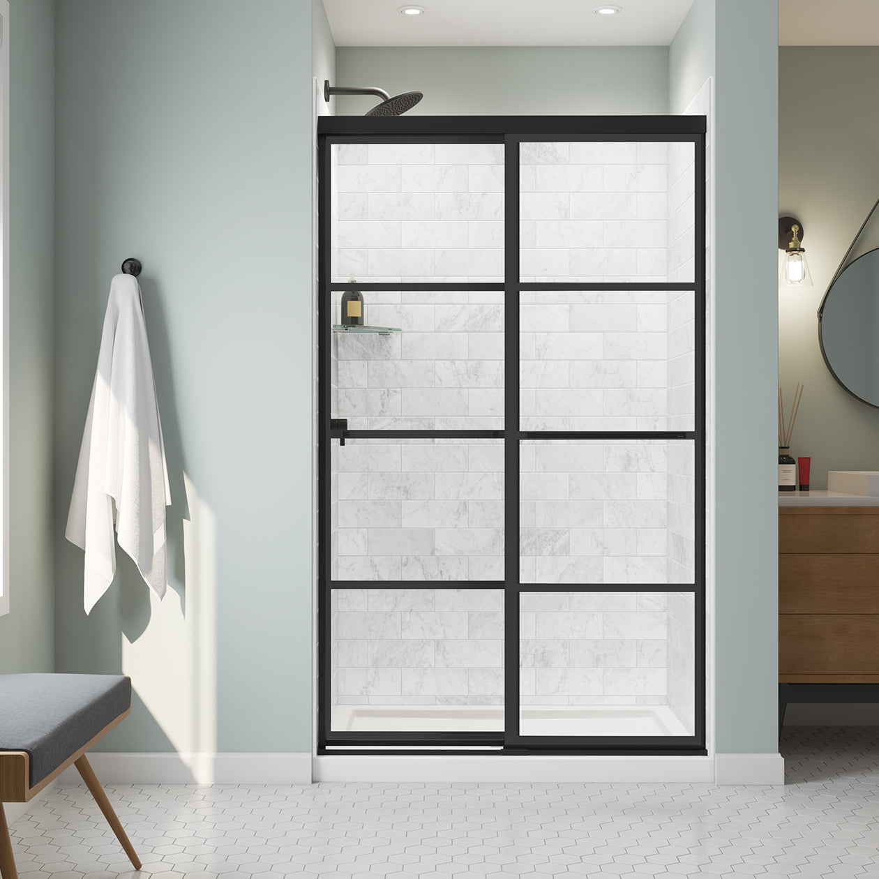 Maax Incognito 76 Shaker 44-47 x 76 in. 8mm Bypass Shower Door for Alcove Installation with Shaker glass in Matte Black