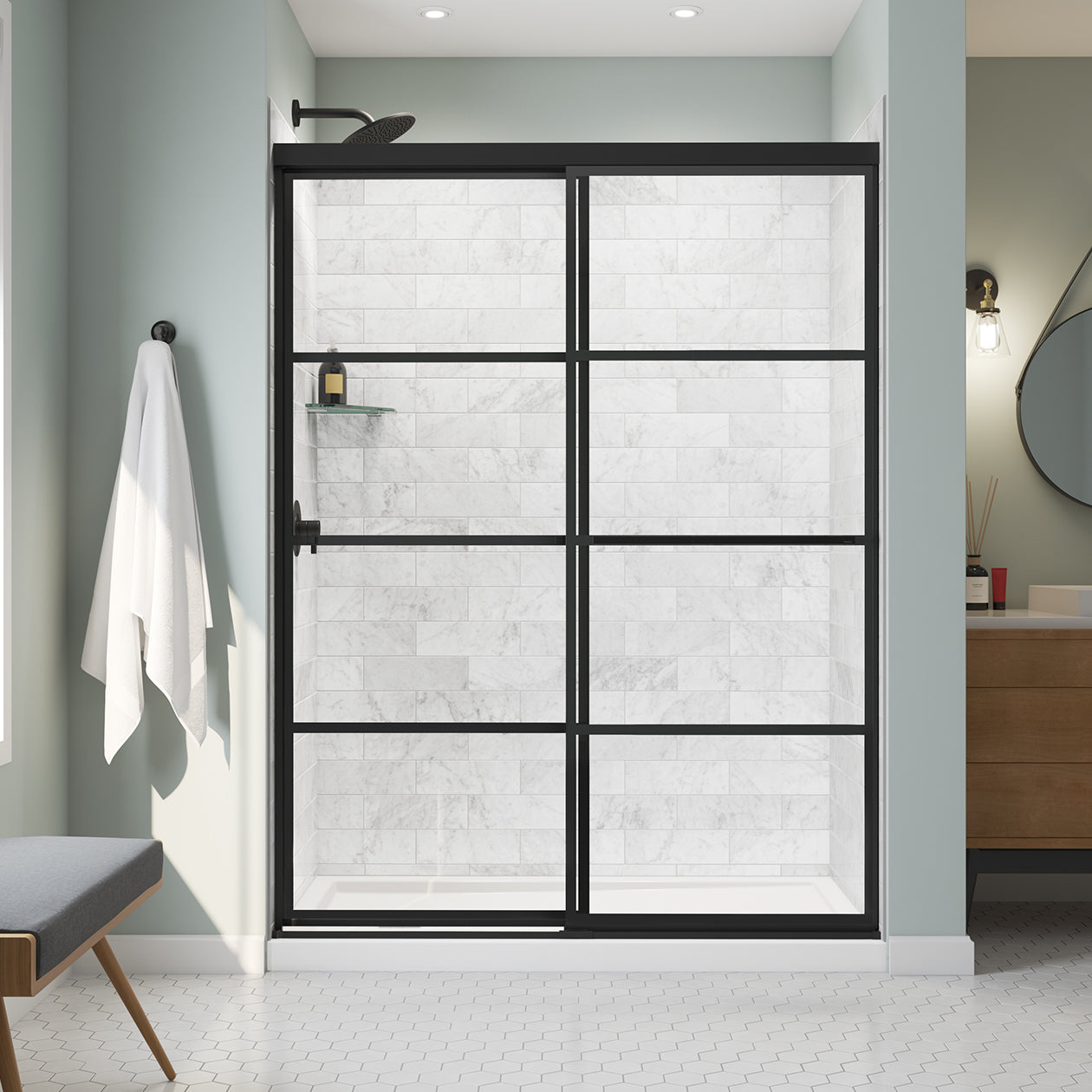 Maax Incognito 76 Shaker 56-59 x 76 in. 8mm Bypass Shower Door for Alcove Installation with Shaker glass