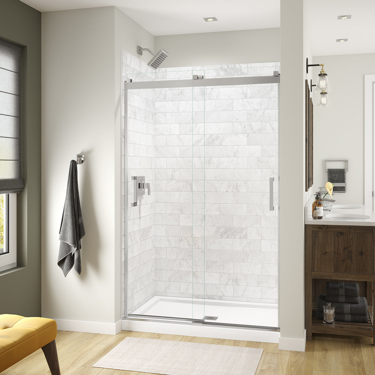 Maax Revelation Square 44-47 x 70 ½-73 in. 8mm Bypass Shower Door for Alcove Installation with Clear glass in Brushed Nickel