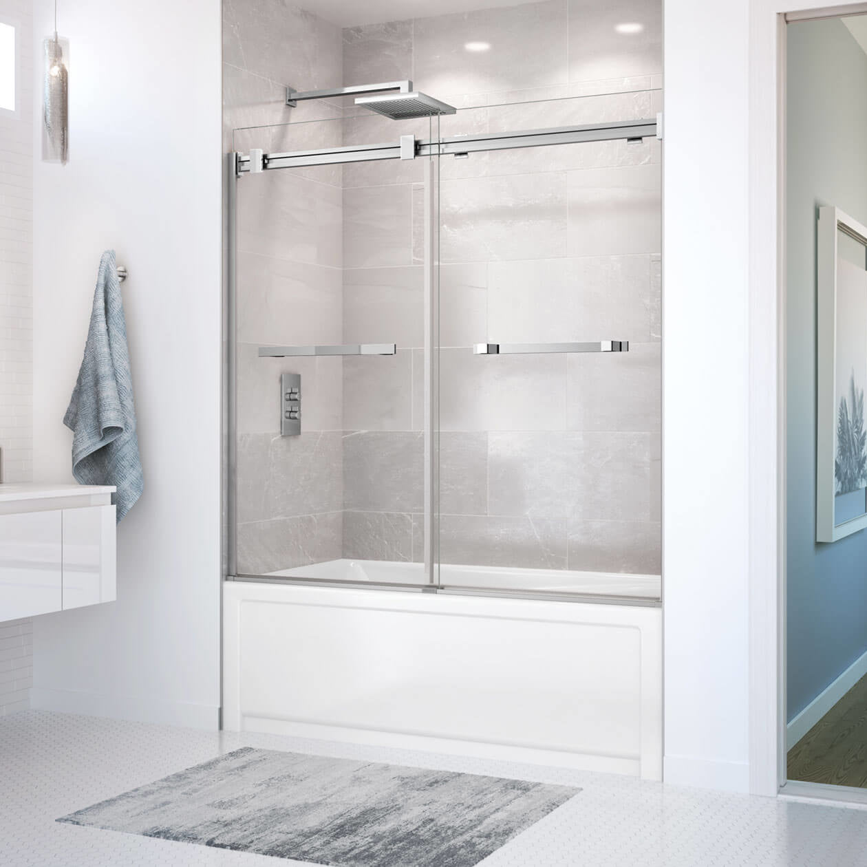 Maax Duel 56-59 x 55 ½ x 59 in. 8 mm Bypass Tub Door for Alcove Installation with Clear glass