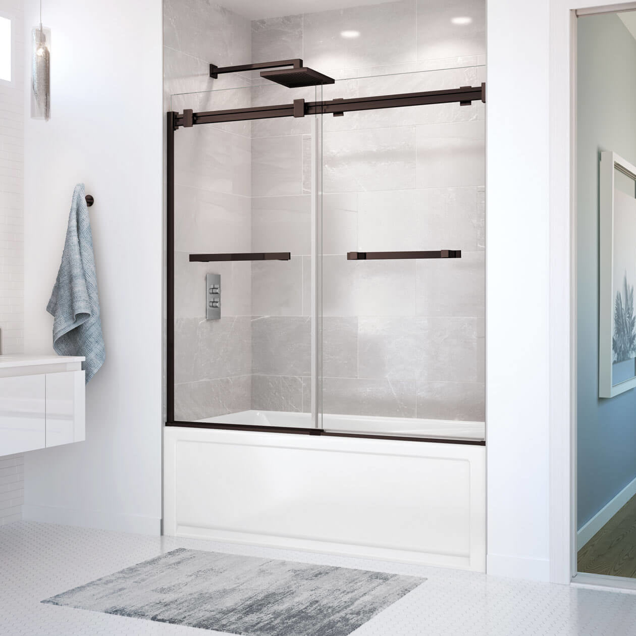 Maax Duel 56-59 x 55 ½ x 59 in. 8 mm Bypass Tub Door for Alcove Installation with Clear glass