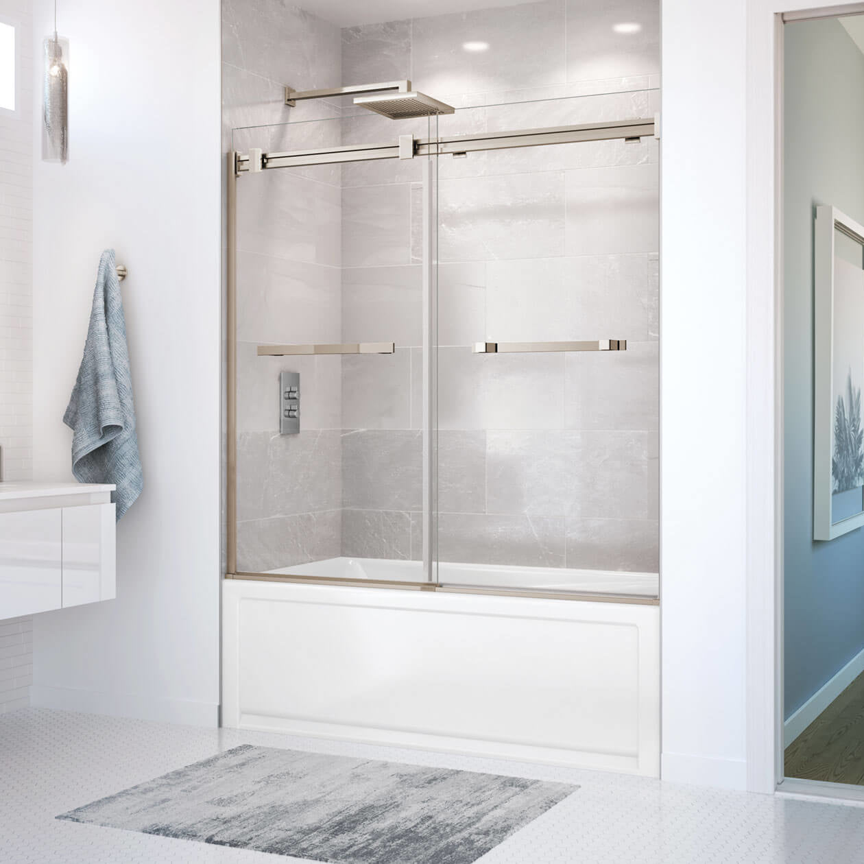 Maax Duel 56-59 x 55 ½ x 59 in. 8 mm Bypass Tub Door for Alcove Installation with Clear glass