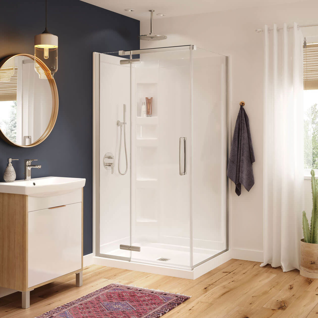 Maax Hana Rectangular 42 x 34 x 75 in. 8mm Pivot Shower Door for Corner Installation with Clear glass in Brushed Nickel