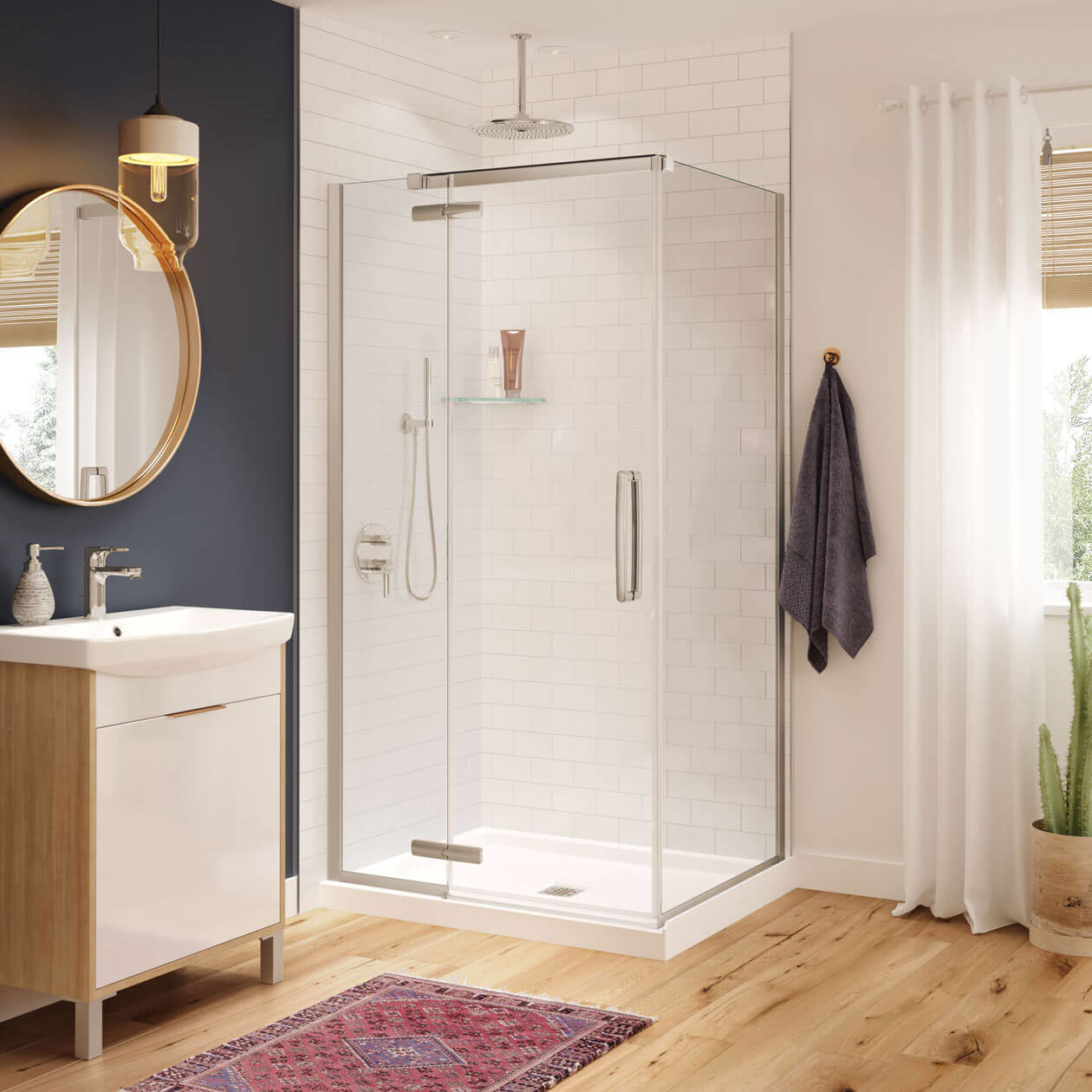 Maax Hana Rectangular 42 x 34 x 75 in. 8mm Pivot Shower Door for Corner Installation with Clear glass in Brushed Nickel