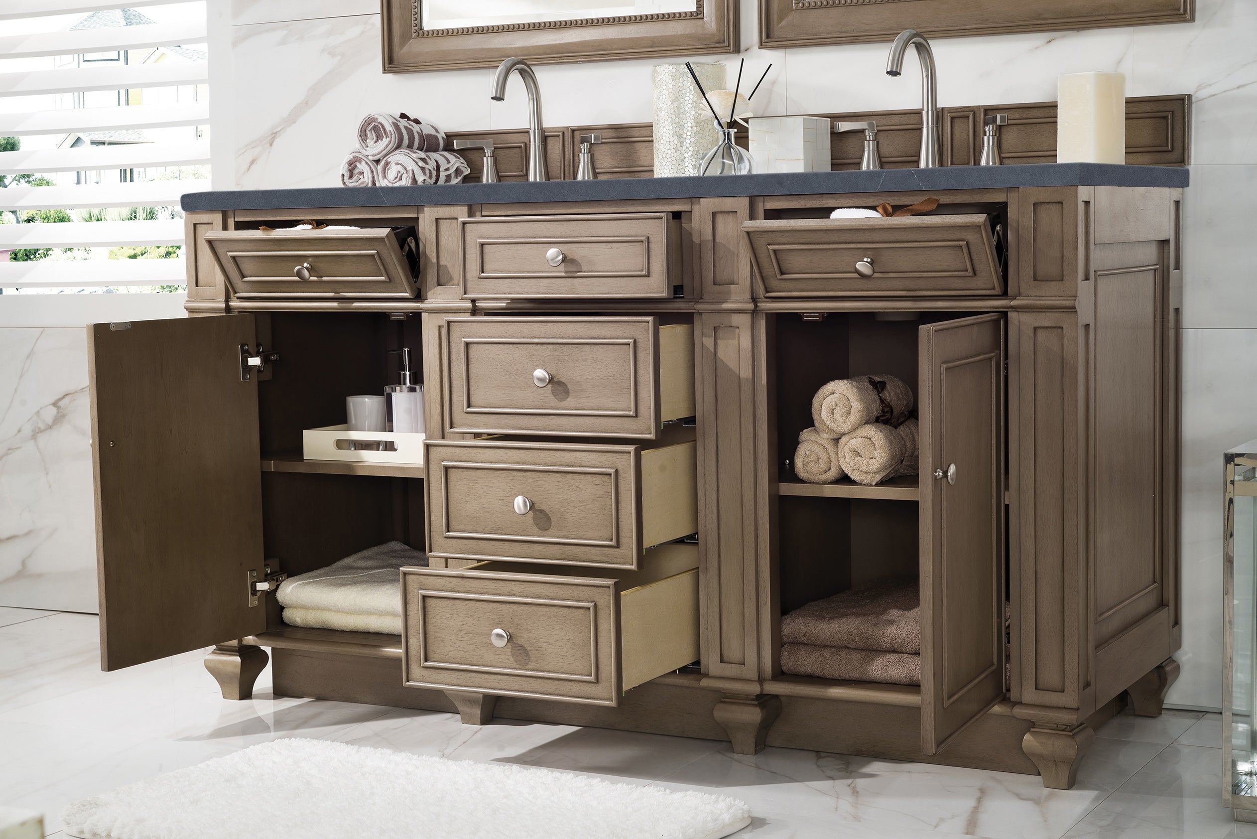 James Martin Bristol 60" Double Vanity in Whitewashed Walnut with 3cm Countertop