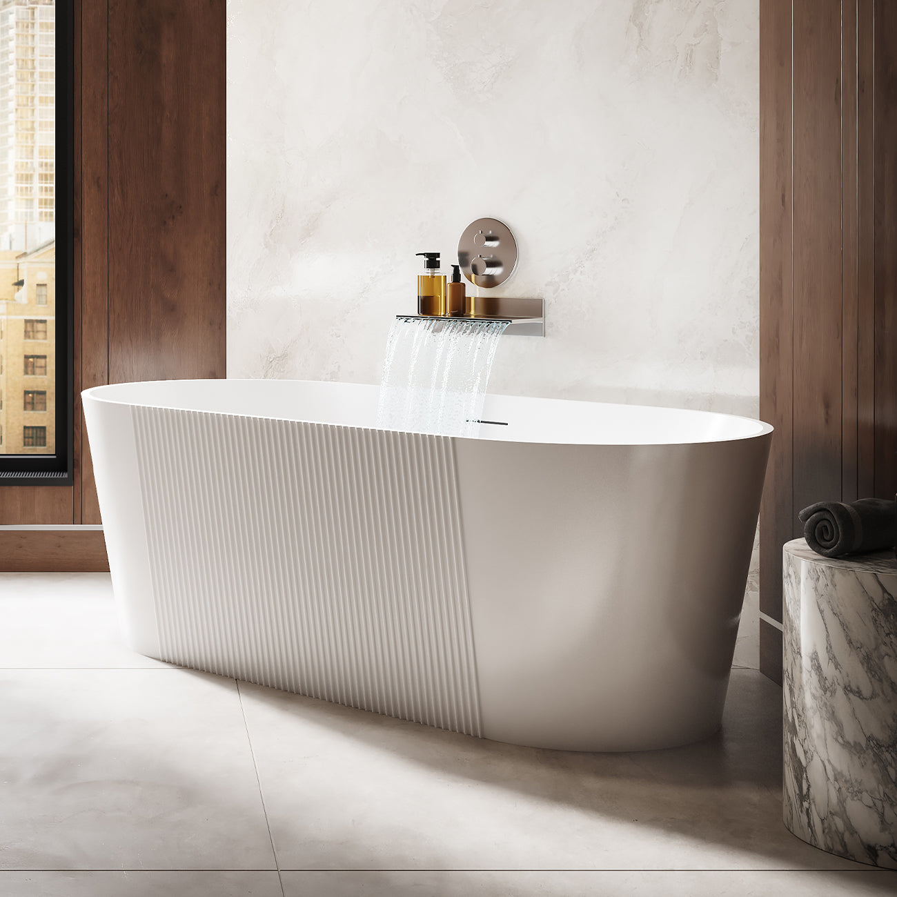 MAIDSTONE | DXV Elowen 67 Inch Acrylic Partial Fluted Double Ended Freestanding Tub