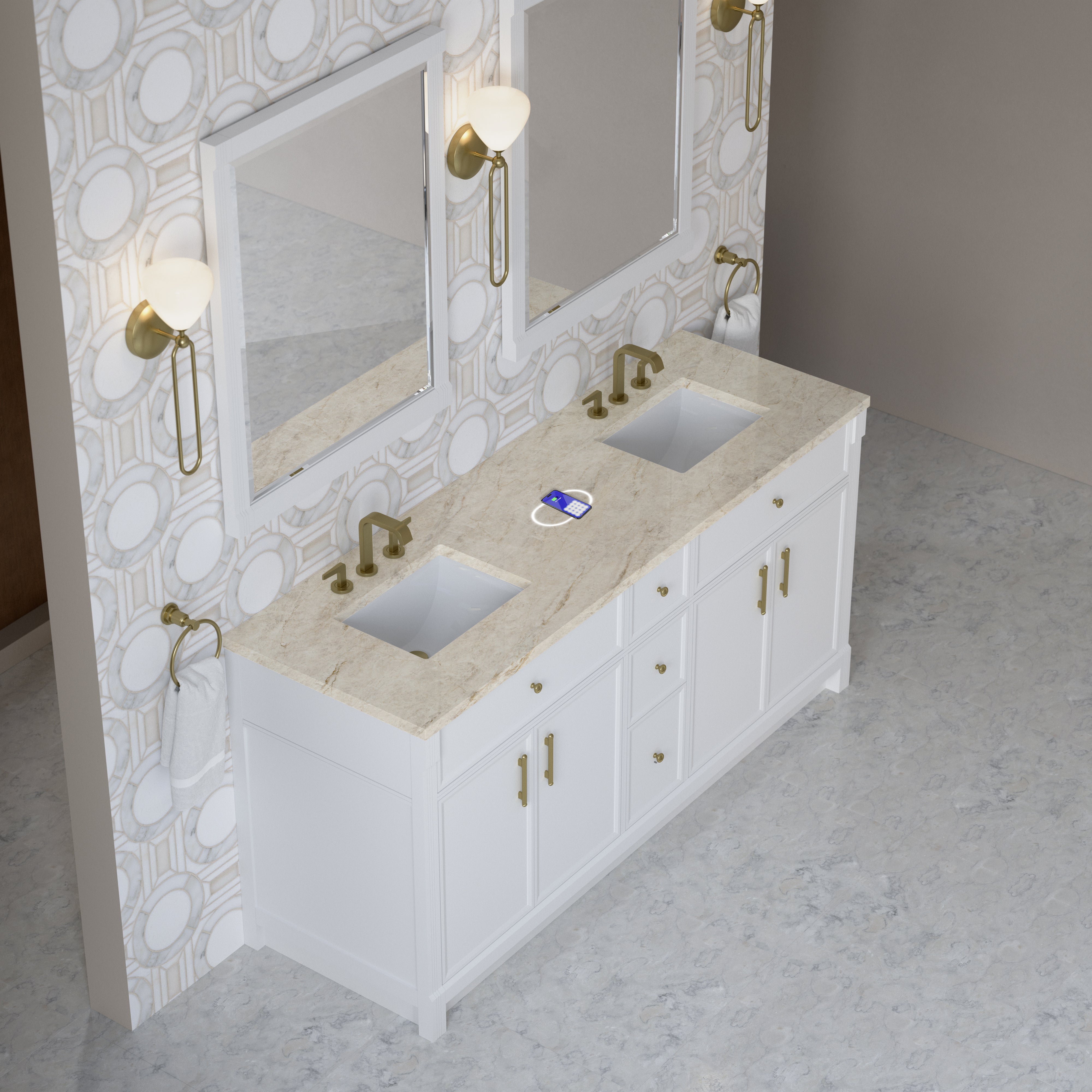 James Martin Bellshire 72" Double Vanity in Bright White with 3cm Countertop and FreePower Wireless Charger