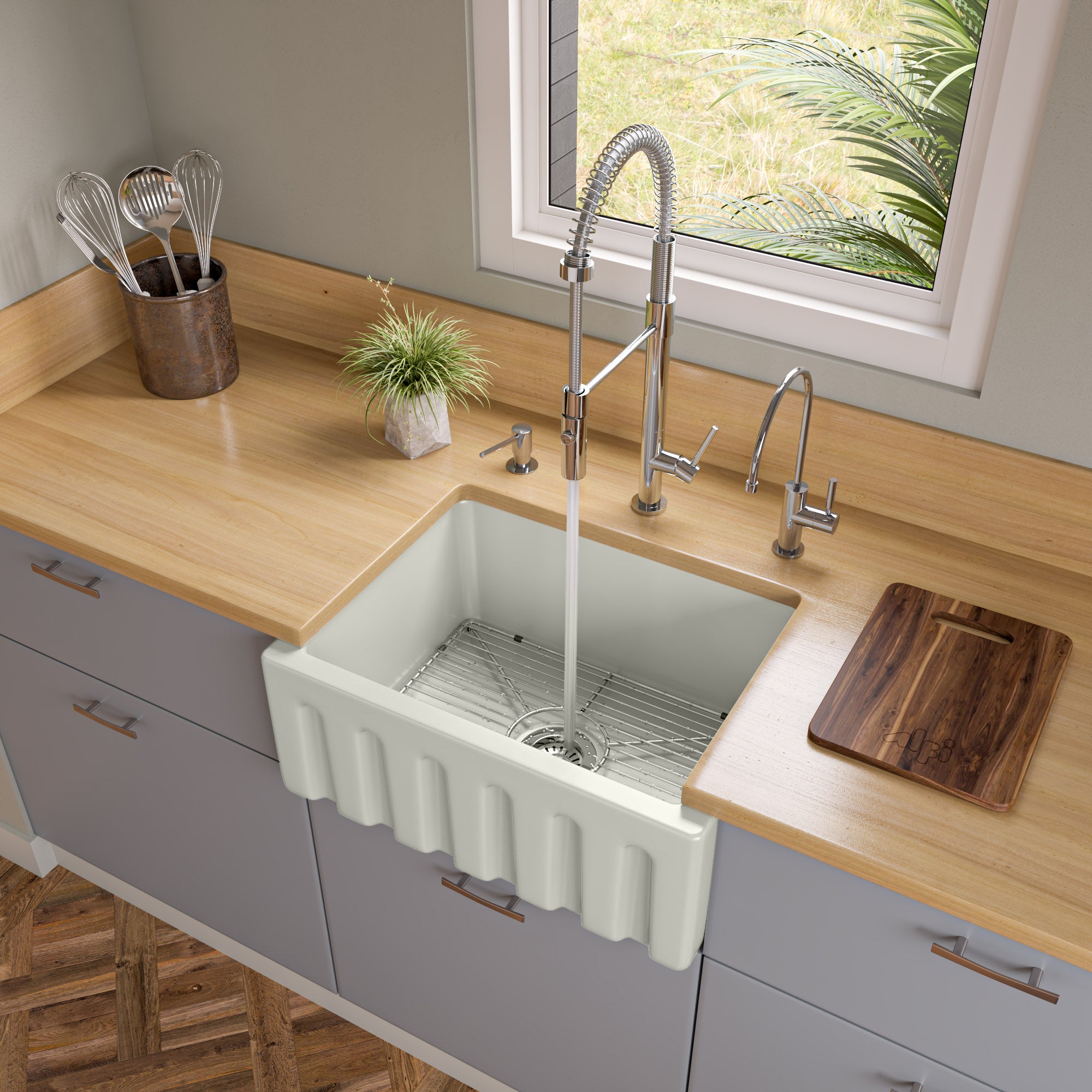 ALFI brand AB2418HS 24" Reversible Smooth / Fluted Single Bowl Fireclay Farm Sink – Biscuit, Black Gloss, Black Matte, White