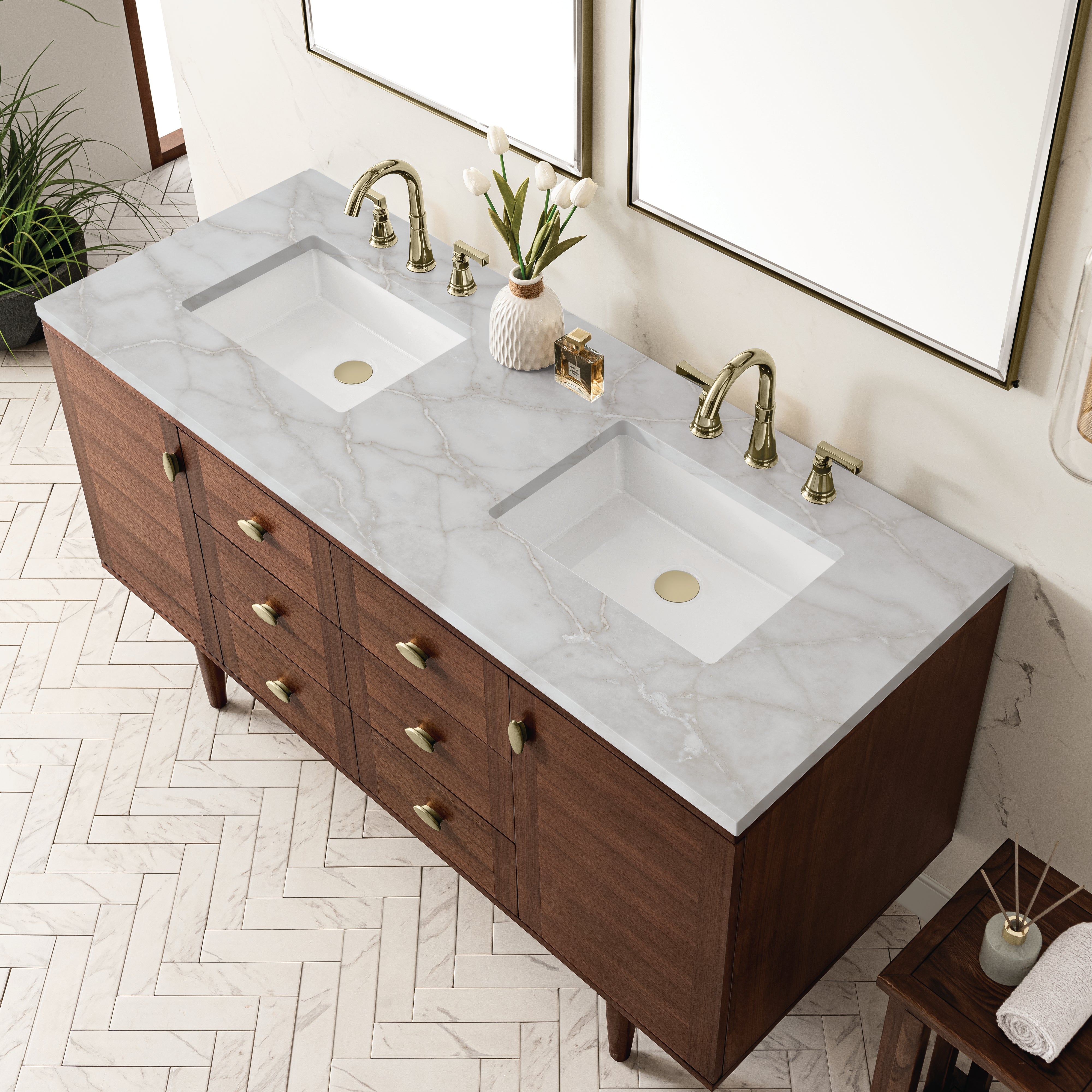 James Martin Amberly 60" Double Vanity in Mid-Century Walnut with 3cm Countertop