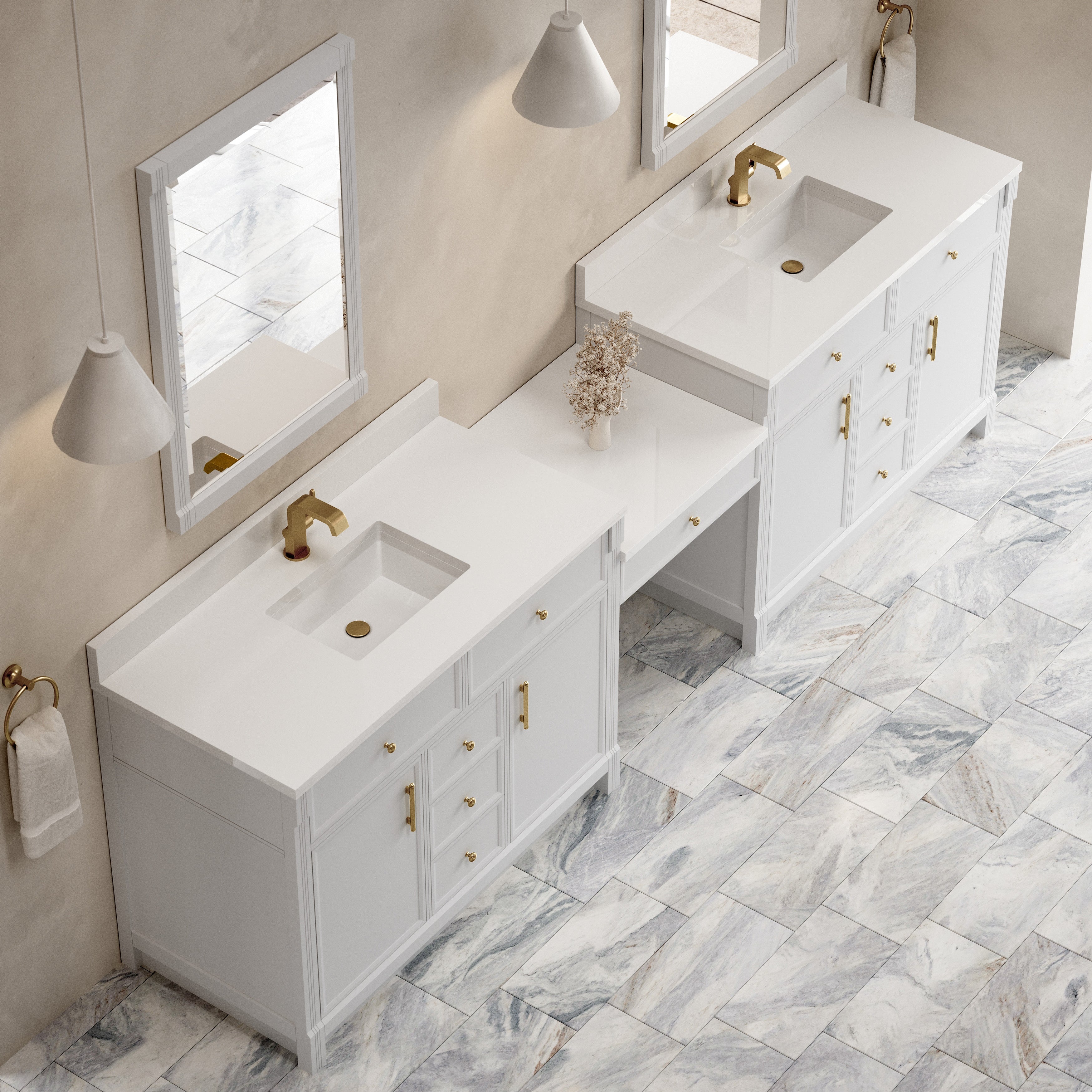 James Martin Bellshire 120" Dual Vanity Set with 24" Make-Up Counter in Bright White with 3cm Countertop