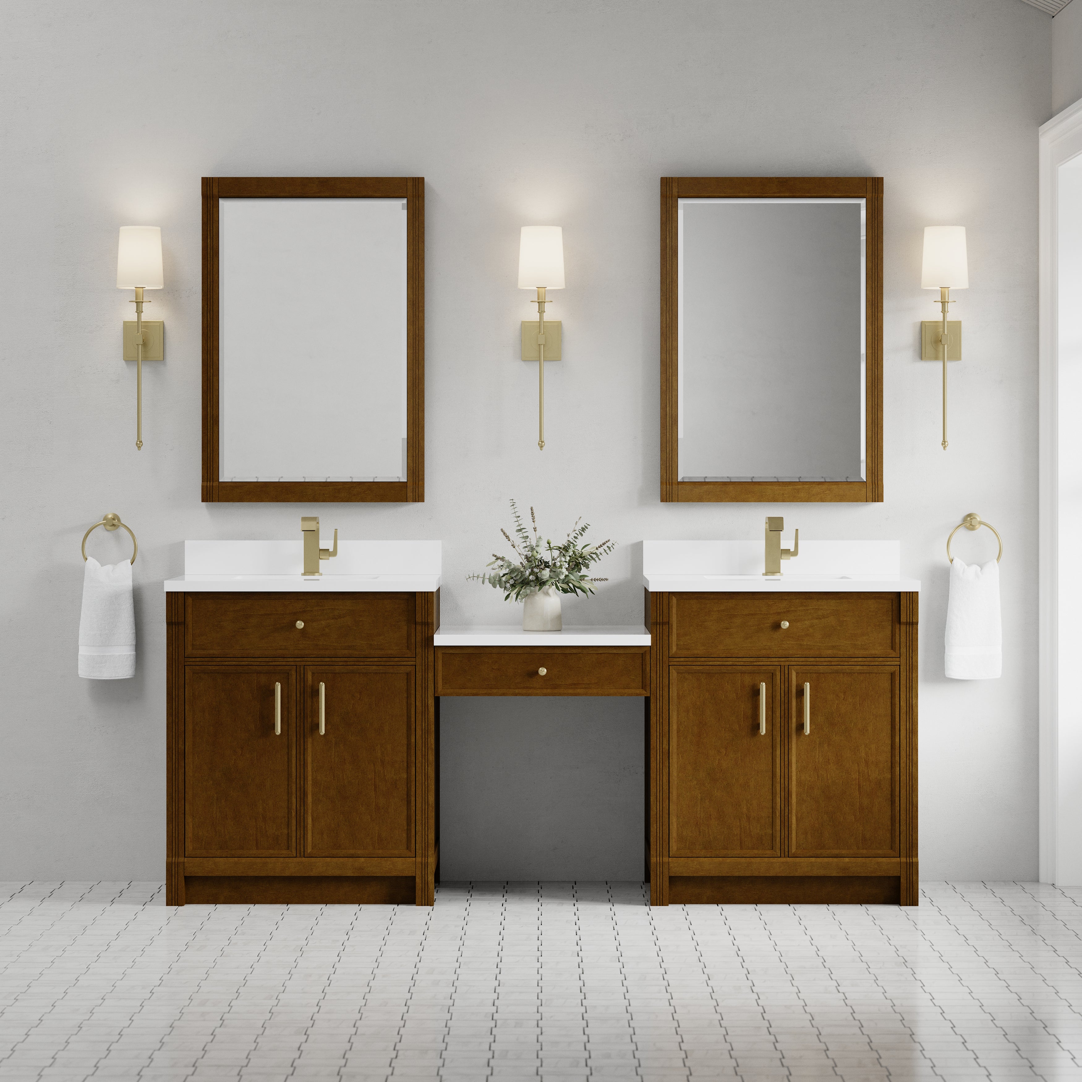 James Martin Bellshire 84" Dual Vanity Set with 24" Make-Up Counter in Honey Oak with 3cm Countertop