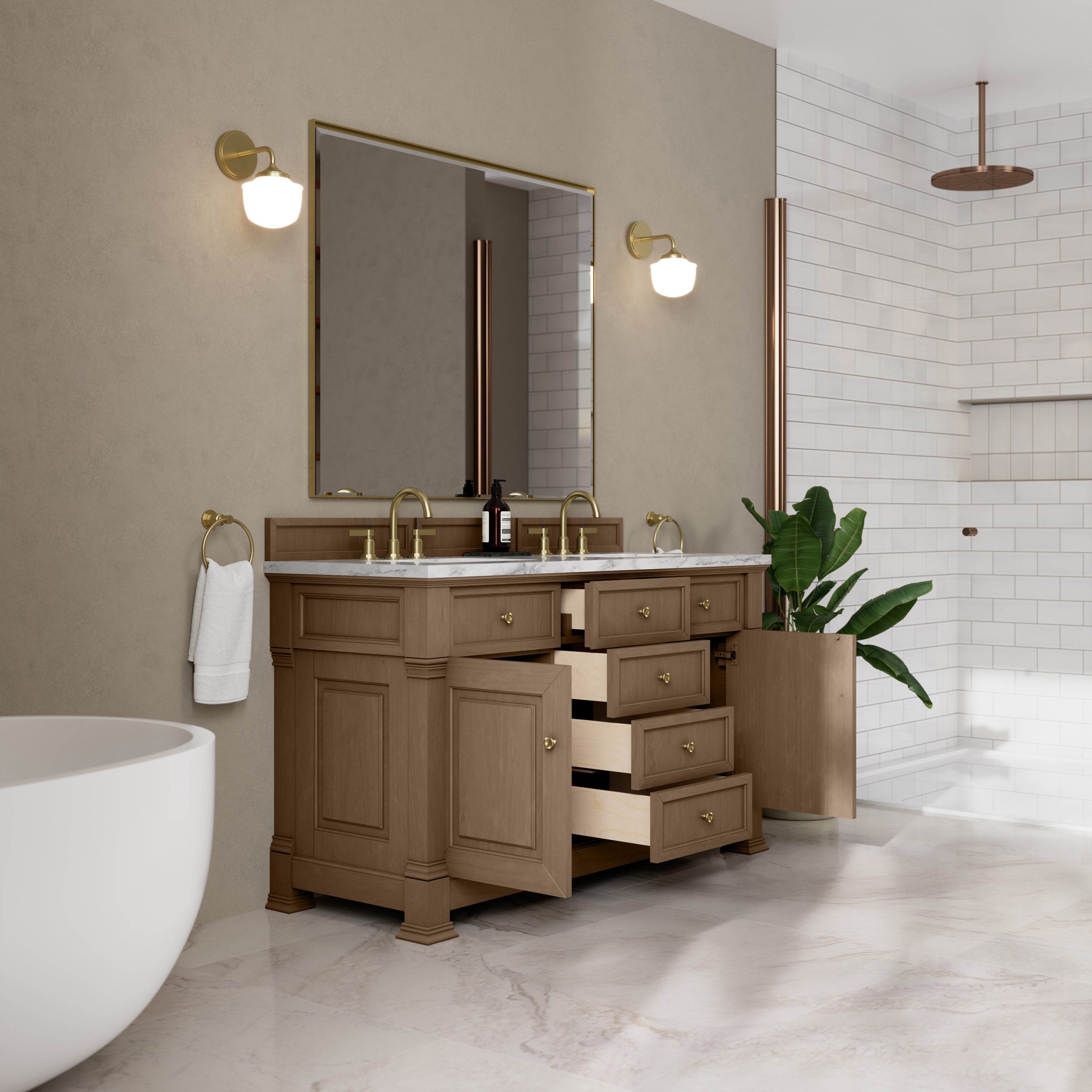 James Martin Brookfield 60" Double Vanity in Pecan with 3cm Countertop