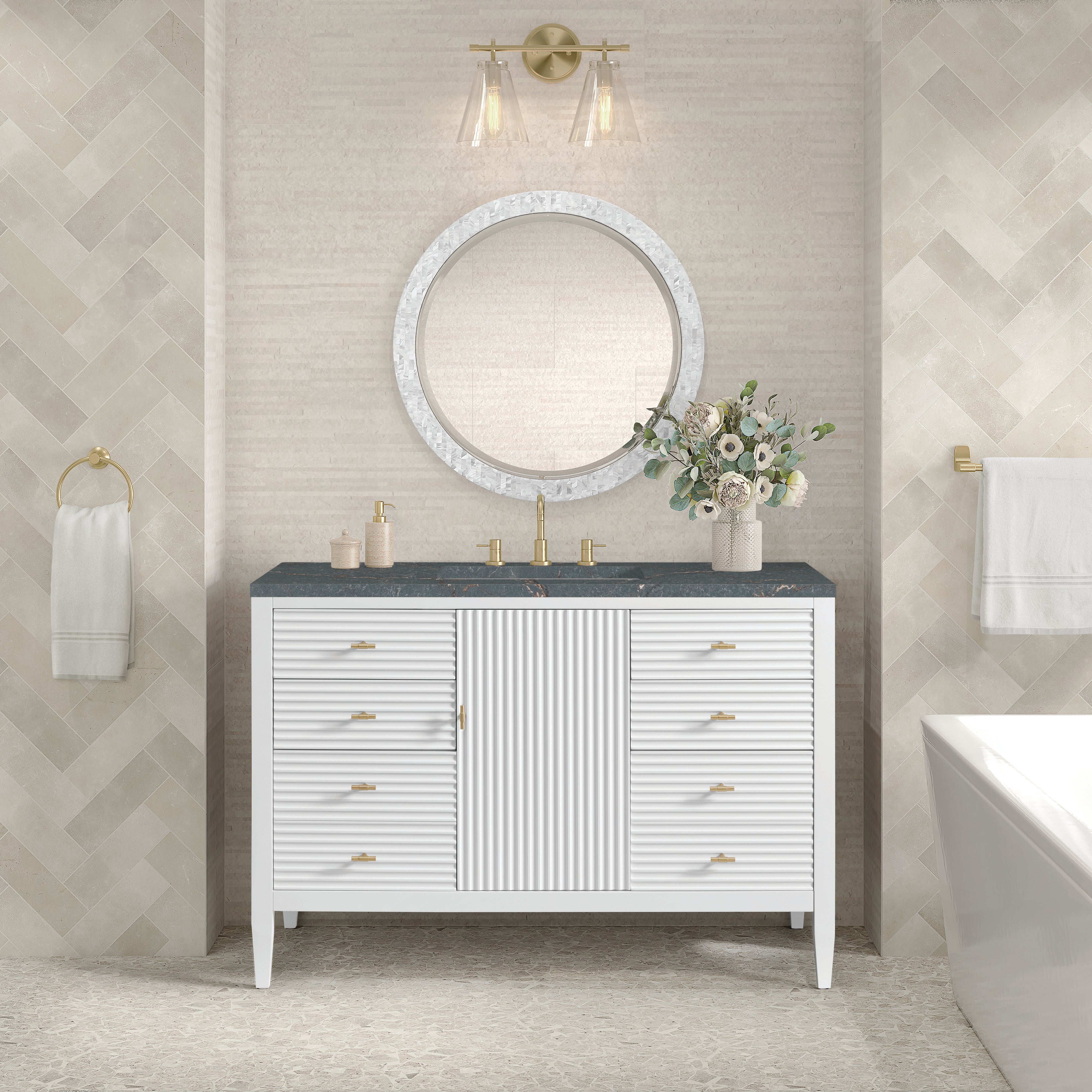 James Martin Myrrin 48" Single Vanity in Bright White with 3cm Countertop and FreePower Wireless Charger