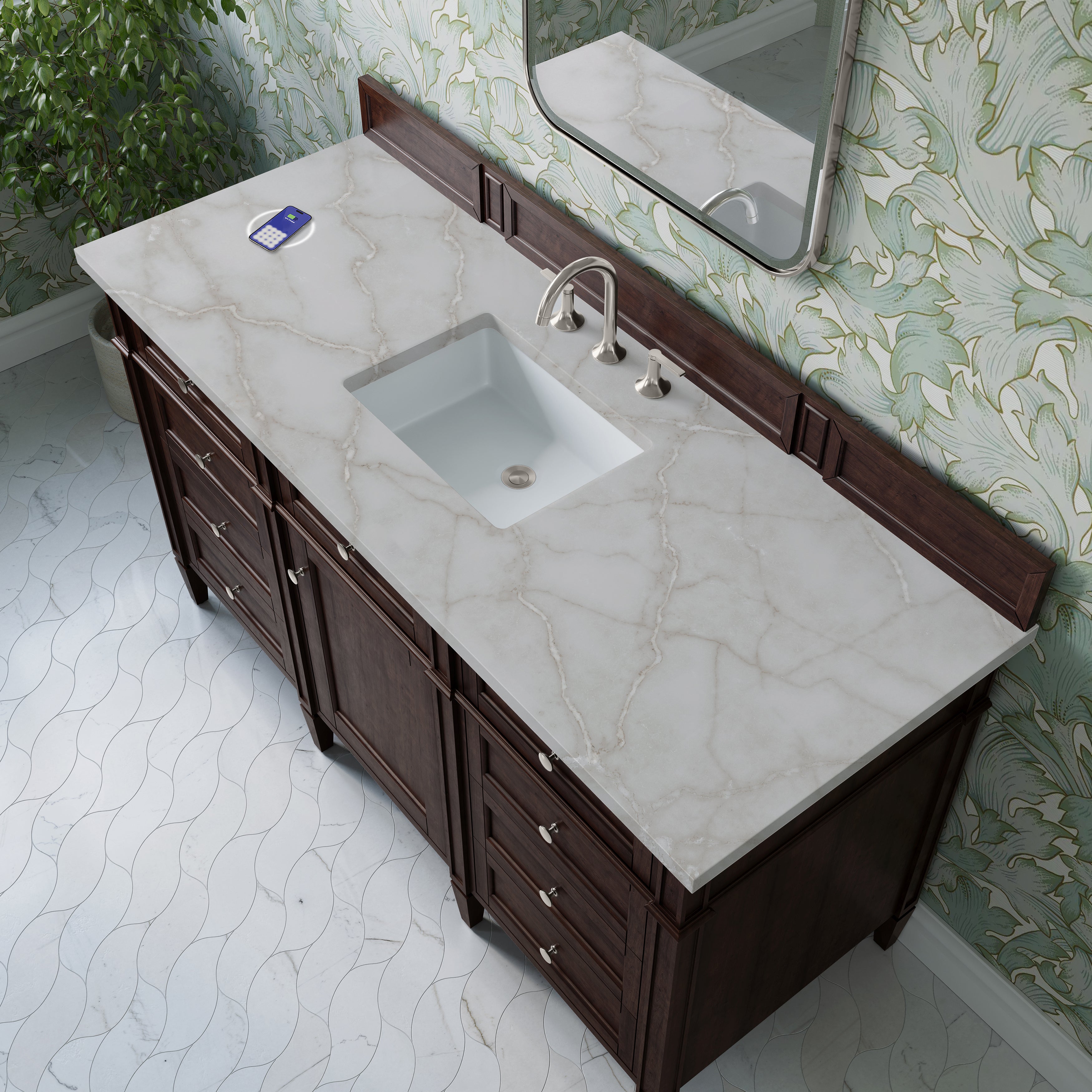 James Martin Brittany 60" Single Vanity in Burnished Mahogany with 3cm Countertop and FreePower Wireless Charger