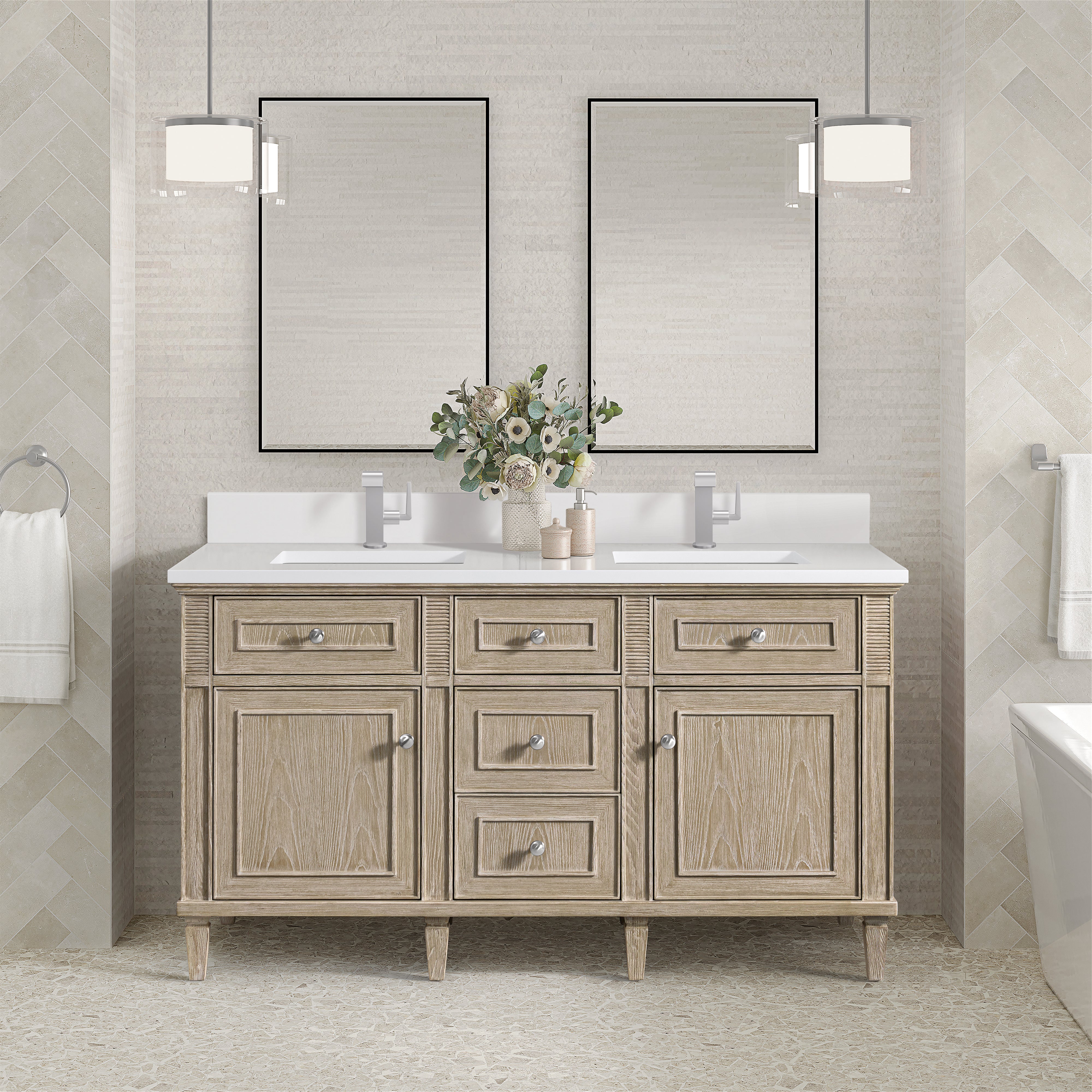 James Martin Lorelai 60" Double Vanity in Whitewashed Oak with 3cm Countertop