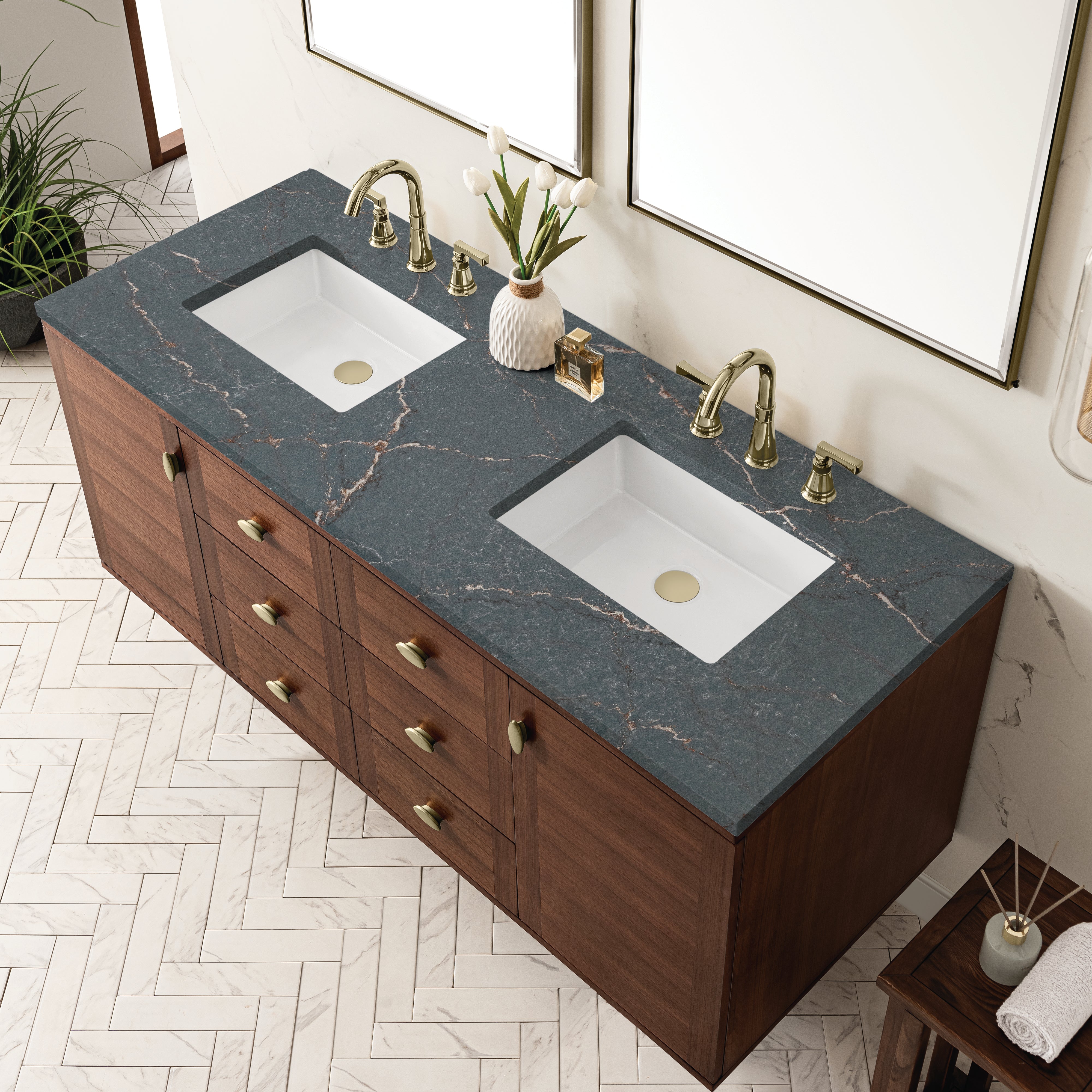 James Martin Amberly 60" Double Vanity in Mid-Century Walnut with 3cm Countertop and FreePower Wireless Charger