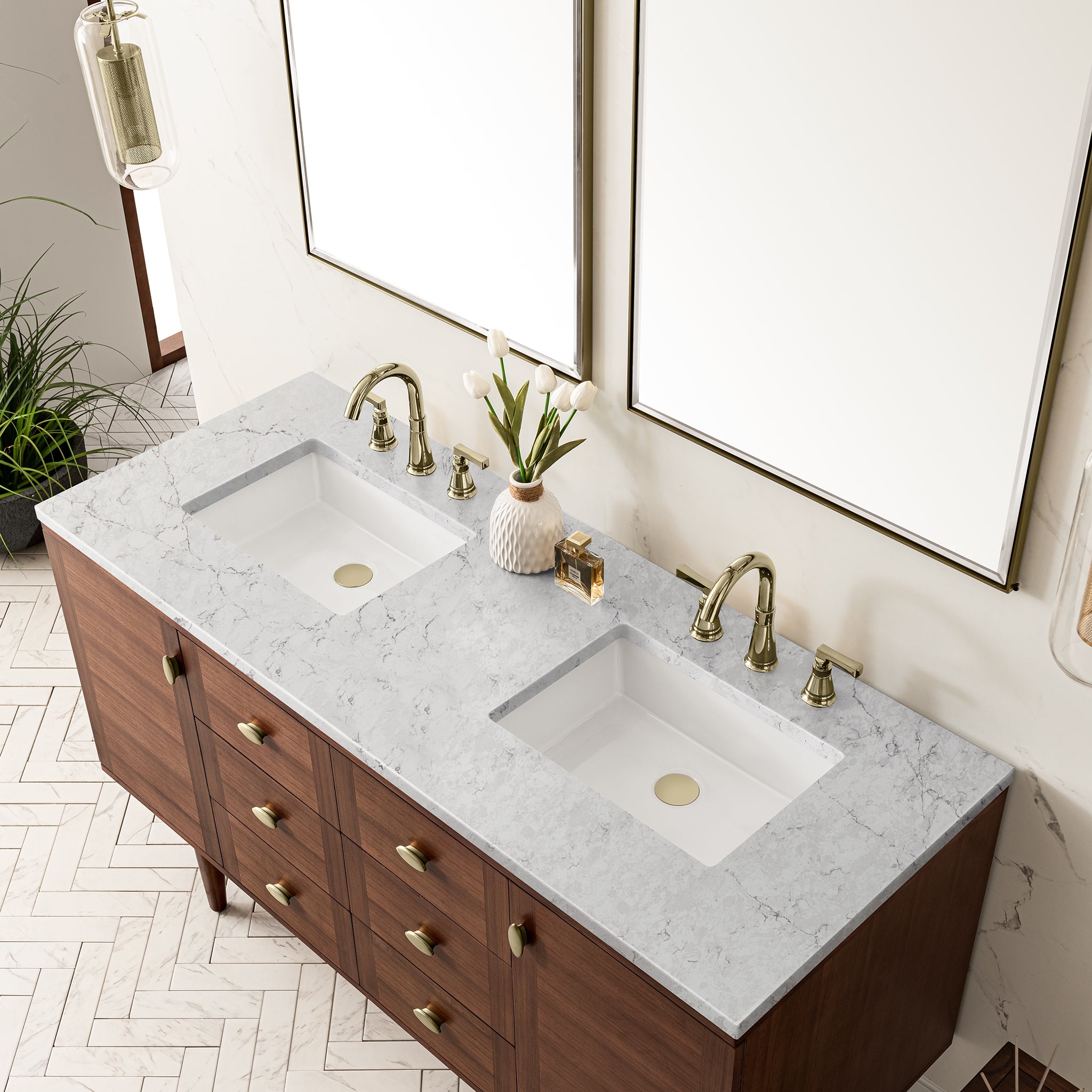 James Martin Amberly 60" Double Vanity in Mid-Century Walnut with 3cm Countertop and FreePower Wireless Charger