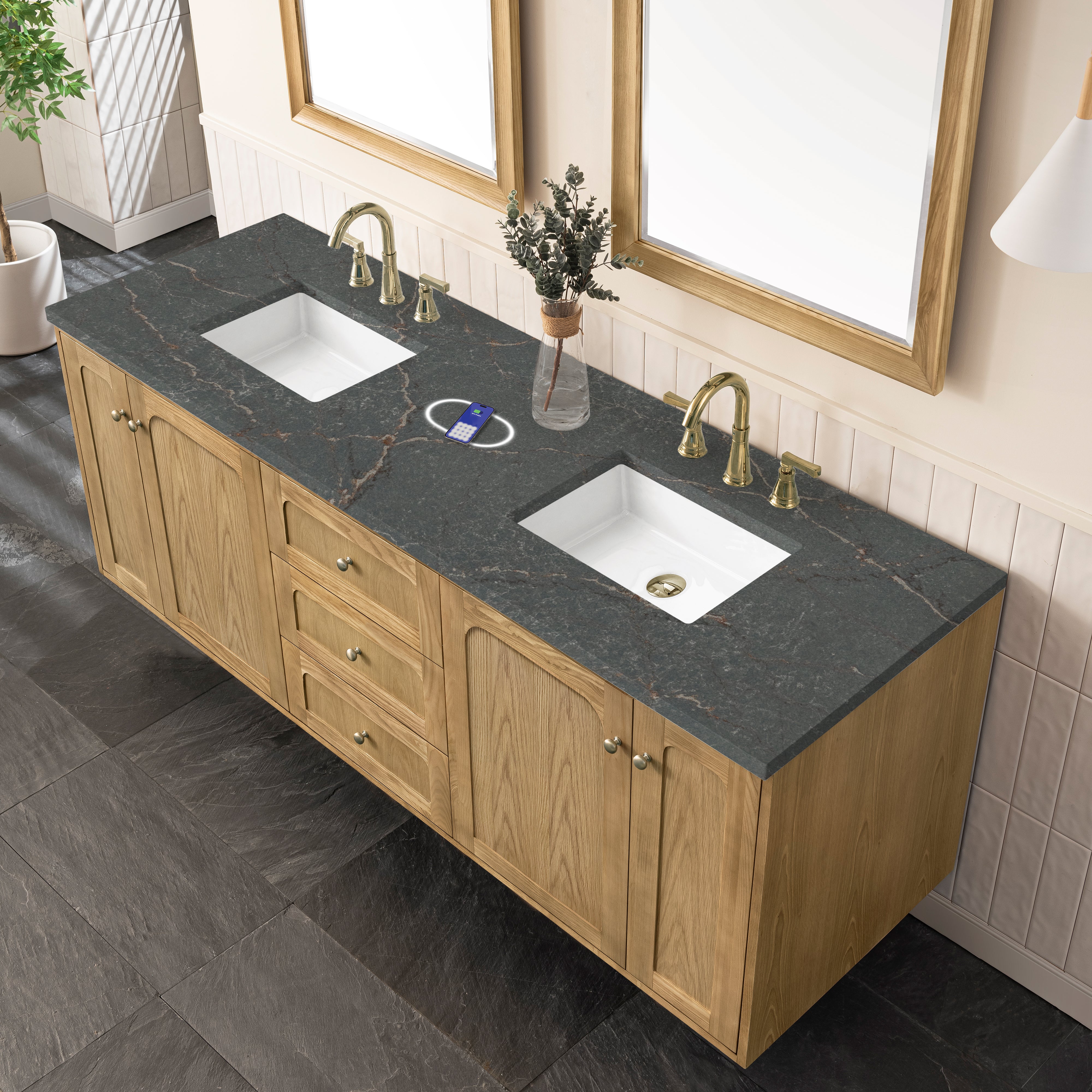 James Martin Laurent 72" Double Vanity in Light Natural Oak with 3cm Countertop and FreePower Wireless Charger