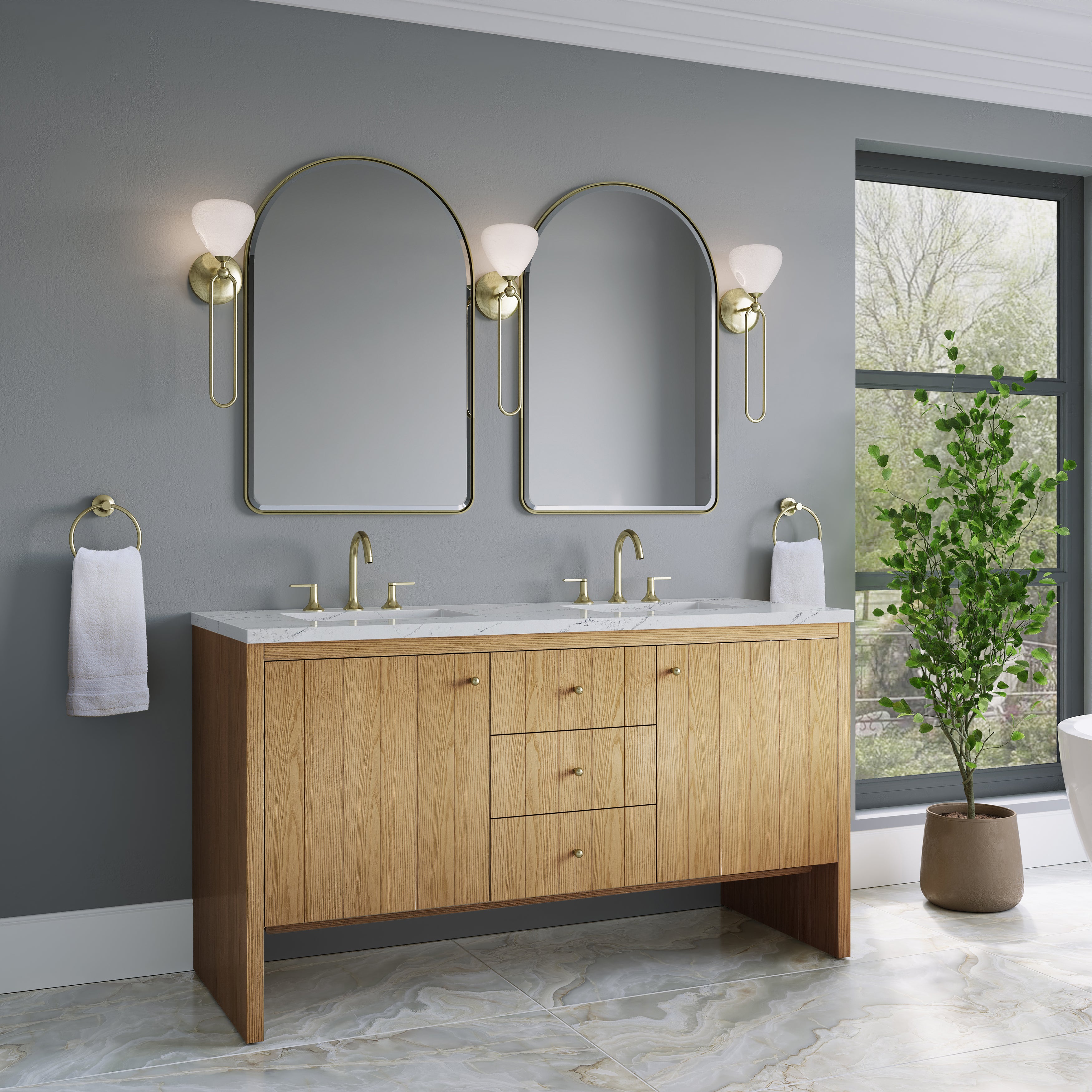 James Martin Hudson 60" Double Vanity in Light Natural Oak with 3cm Countertop and FreePower Wireless Charger