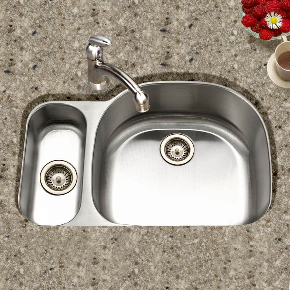 Houzer Medallion 32" Stainless Steel Undermount 20/80 Double Small Left Bowl Kitchen Sink with Strainer