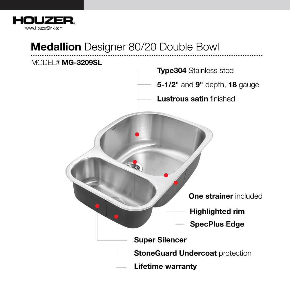 Houzer Medallion 32" Stainless Steel Undermount 20/80 Double Small Left Bowl Kitchen Sink with Strainer