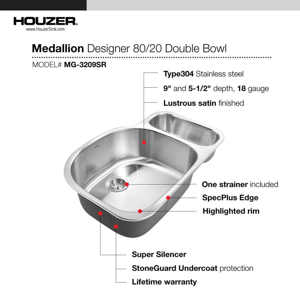 Houzer Medallion 32" Stainless Steel Undermount 80/20 Double Small Right Bowl Kitchen Sink with Strainer