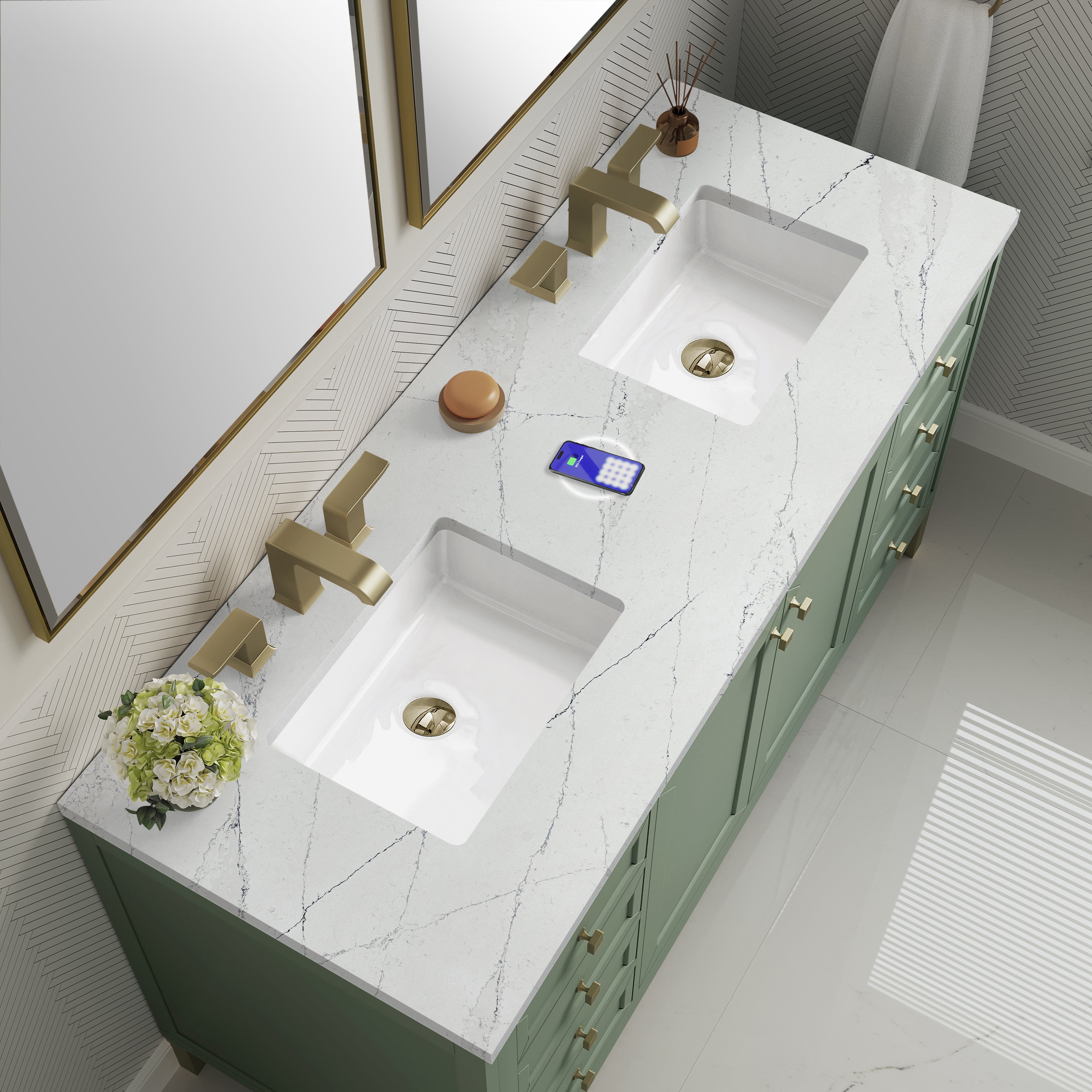 James Martin Chicago 60" Double Vanity in Smokey Celadon with 3cm Countertop and FreePower Wireless Charger