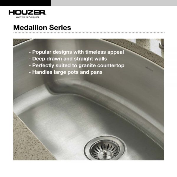 Houzer Medallion Designer 32" Stainless Steel Undermount Offset Single Bowl Kitchen Sink with Strainer