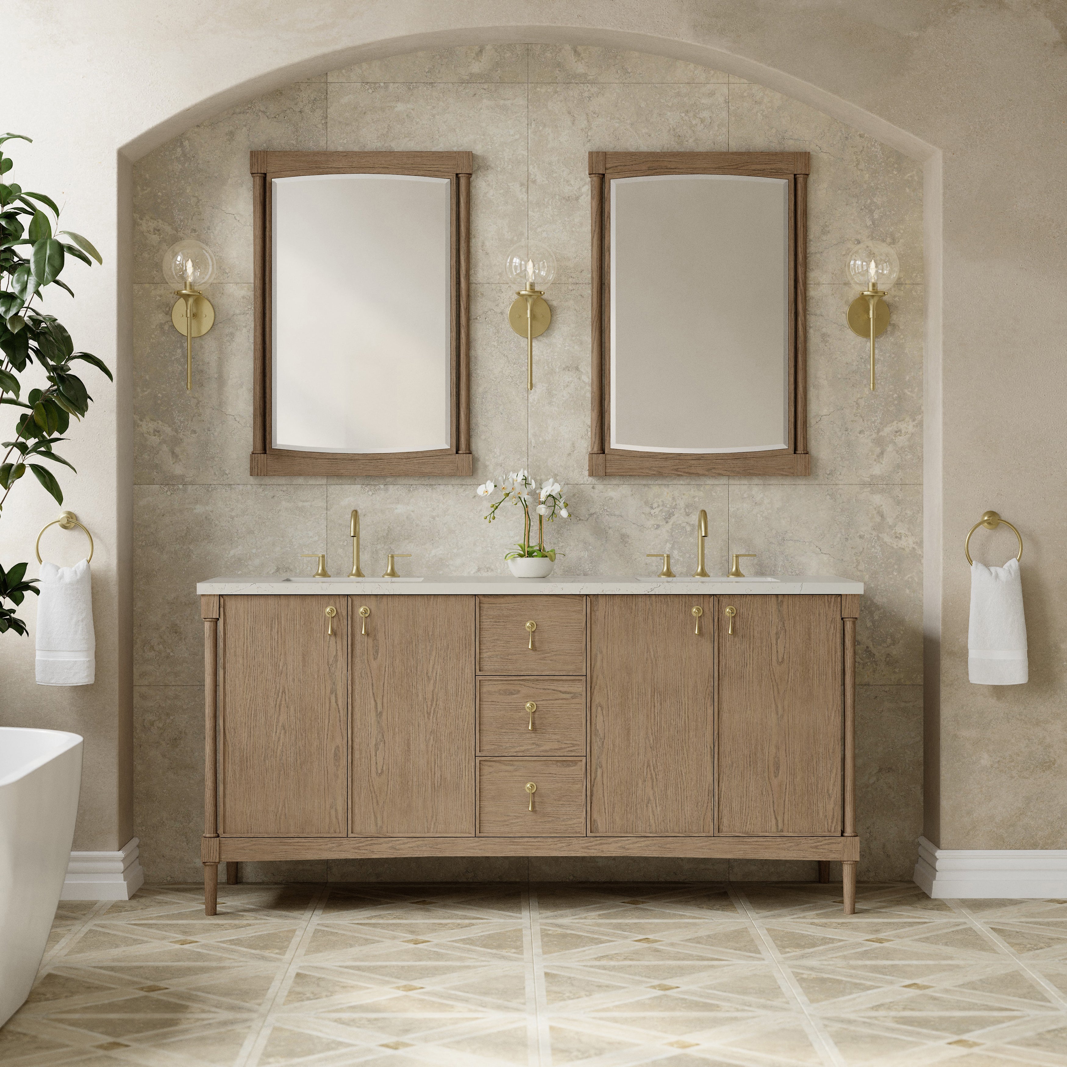 James Martin Kinnsden 72" Double Vanity in Weathered Oak with 3cm Carrara Marble Top