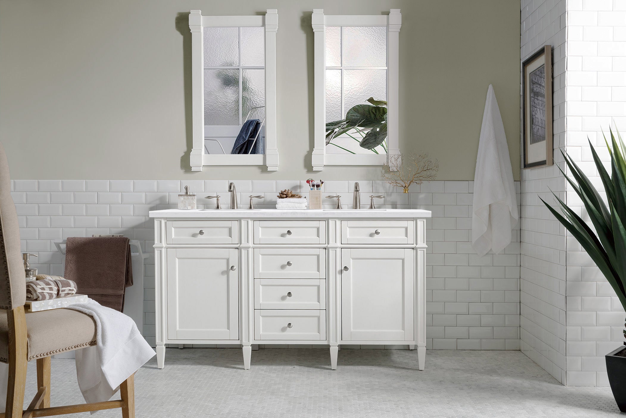 James Martin Brittany 60" Double Vanity in Bright White with 3cm Countertop