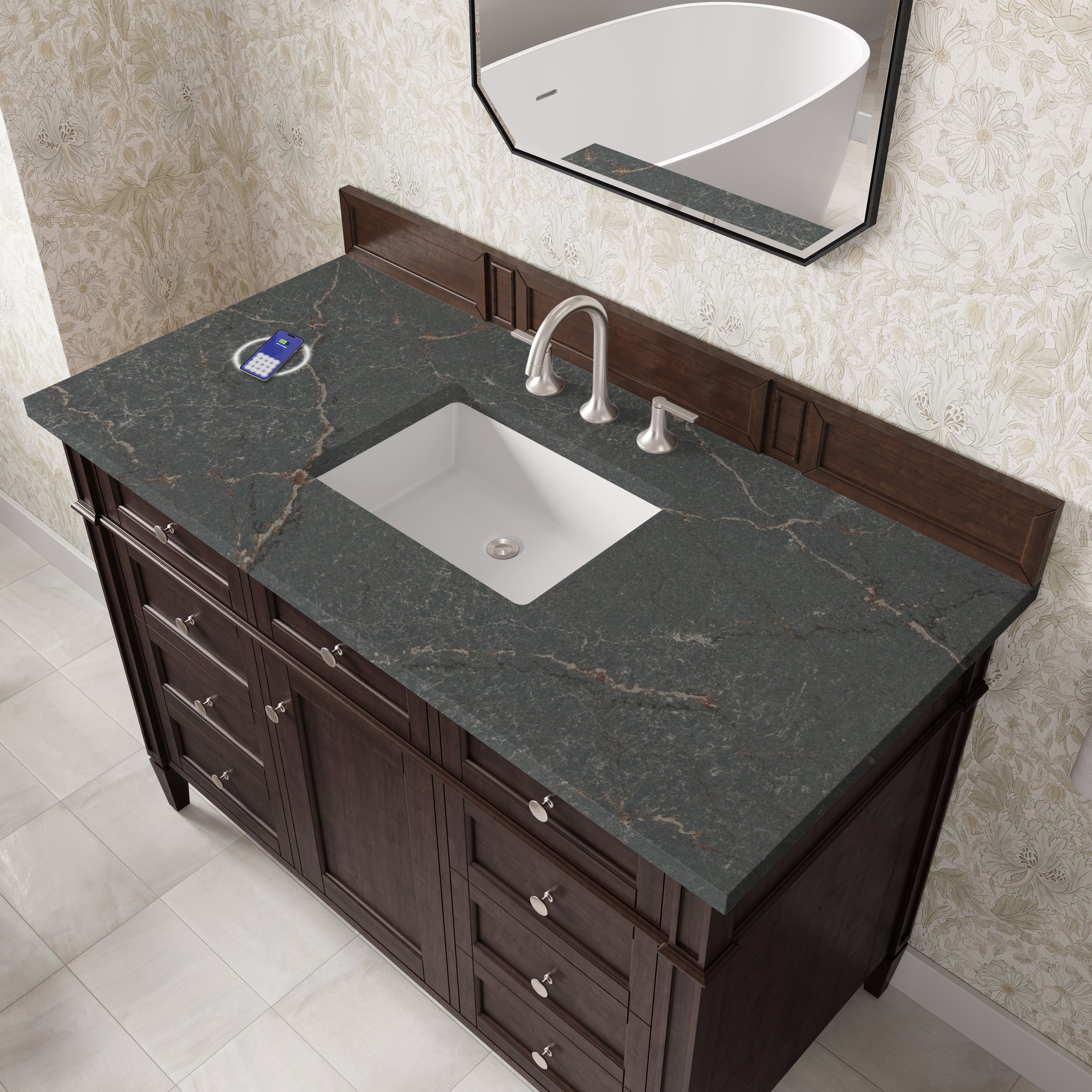 James Martin Brittany 48" Single Vanity in Burnished Mahogany with 3cm Countertop and FreePower Wireless Charger