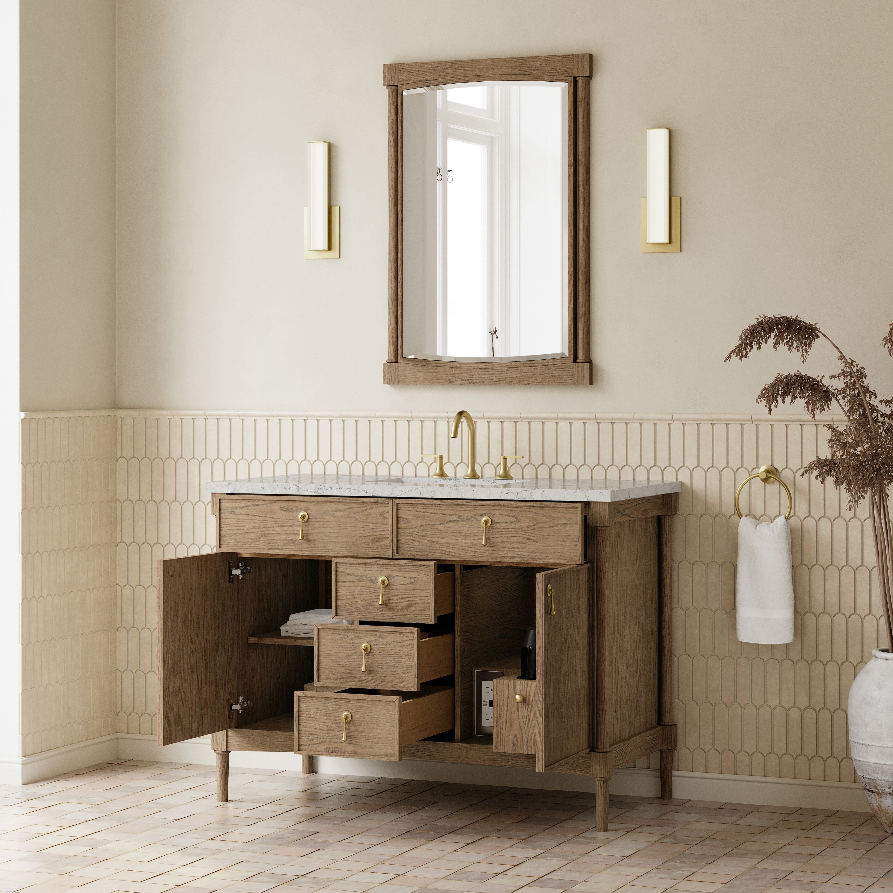 James Martin Kinnsden 48" Single Vanity in Weathered Oak with 3cm Countertop and FreePower Wireless Charger