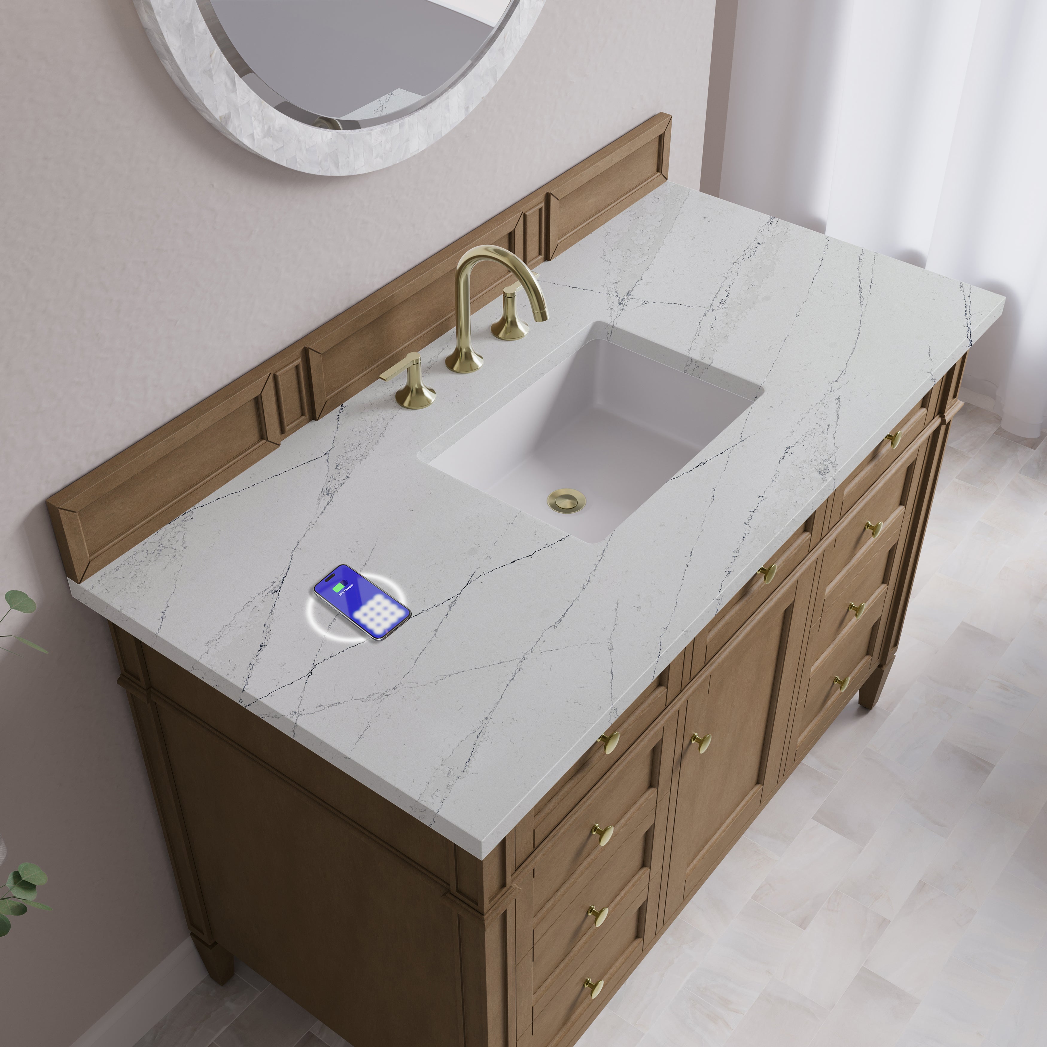 James Martin Brittany 48" Single Vanity in Pecan with 3cm Countertop and FreePower Wireless Charger