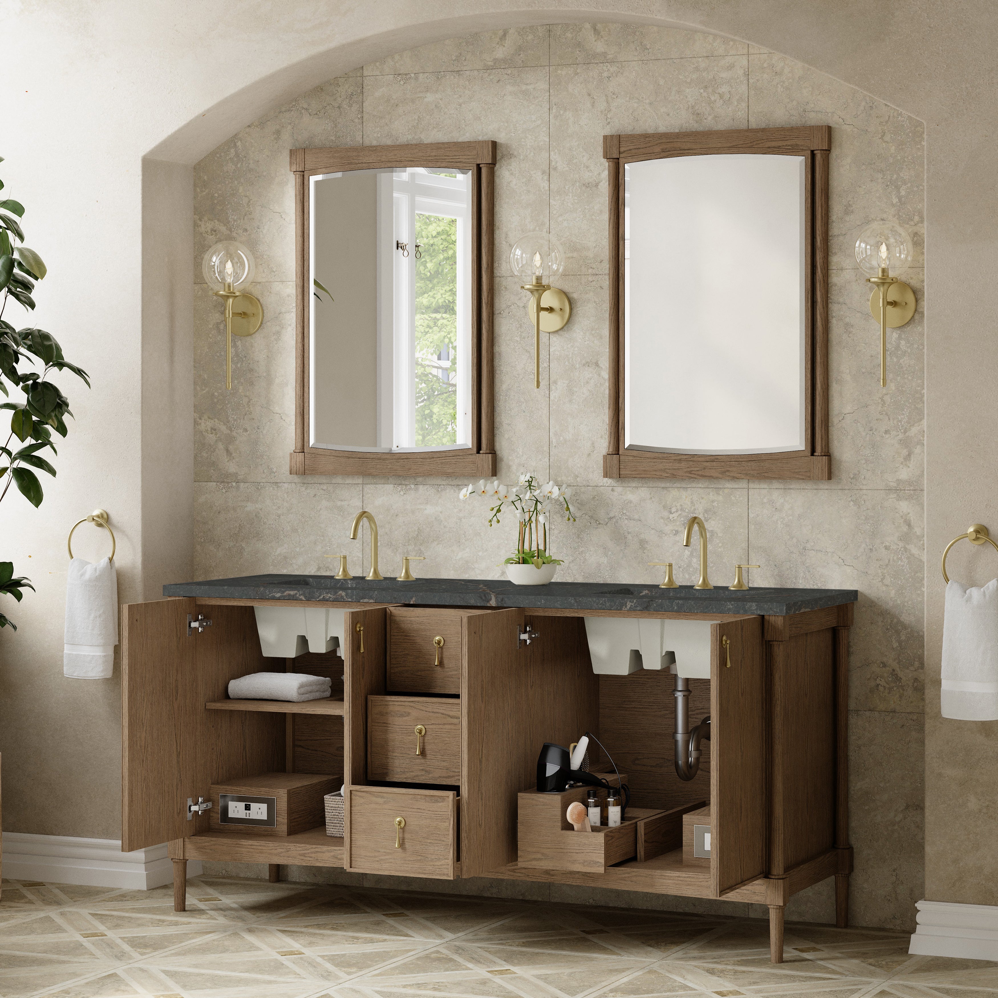 James Martin Kinnsden 72" Double Vanity in Weathered Oak with 3cm Carrara Marble Top and FreePower Wireless Charger