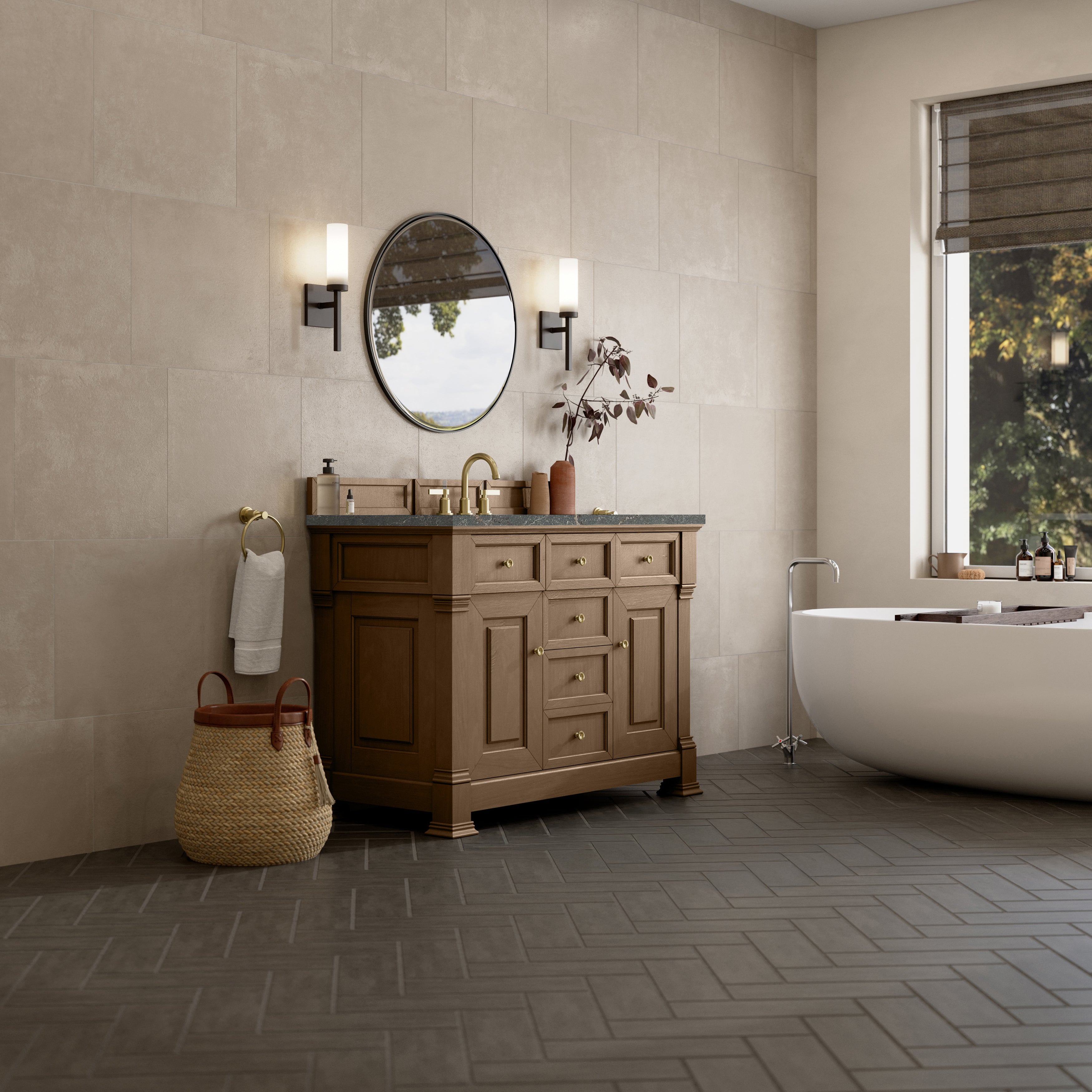 James Martin Brookfield 48" Single Vanity in Pecan with 3cm Countertop and FreePower Wireless Charger