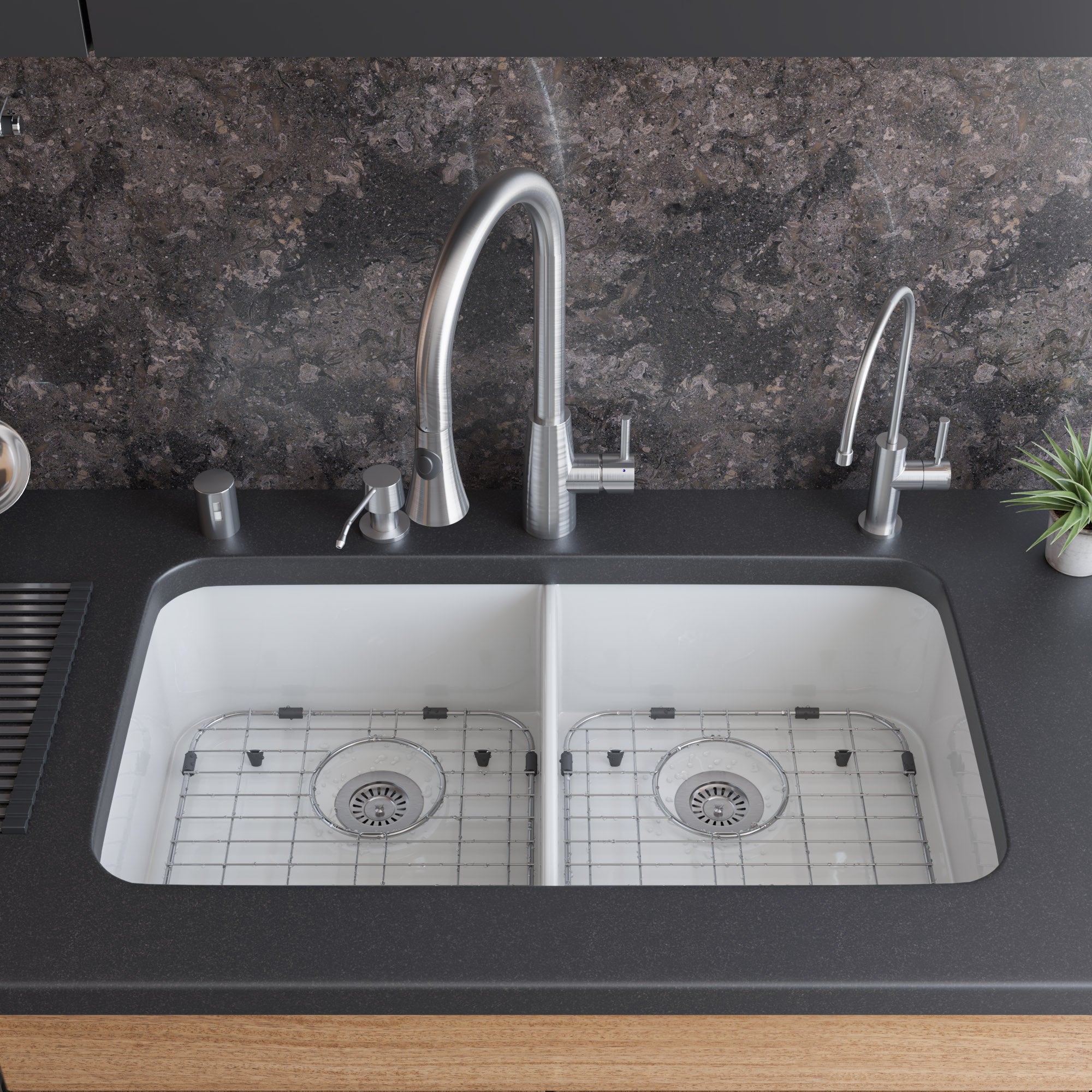 ALFI brand AB512UM AB512UM-W 32 inch White Double Bowl Fireclay Undermount Kitchen Sink