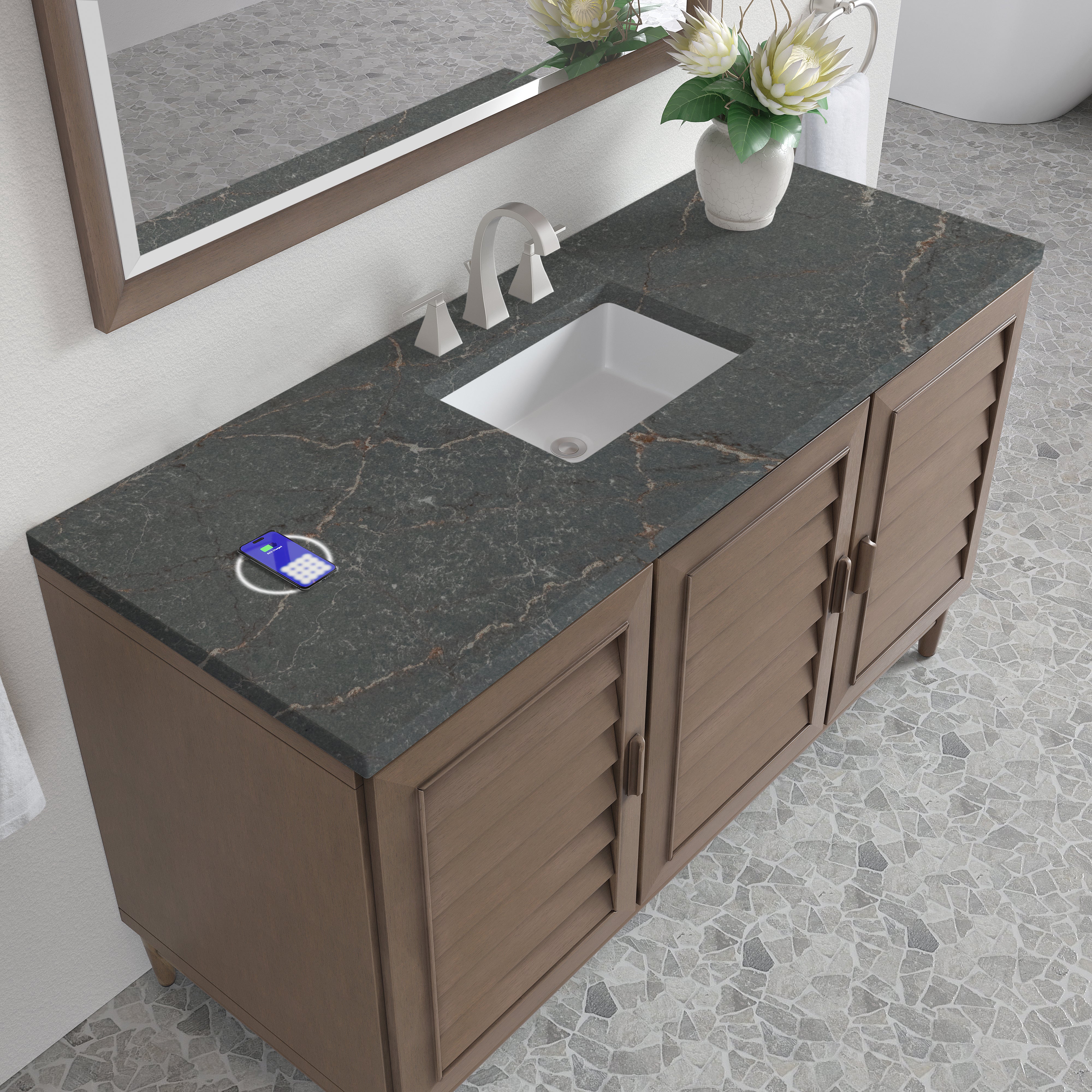 James Martin Portland 60" Single Vanity in Whitewashed Walnut with 3cm Countertop and FreePower Wireless Charger