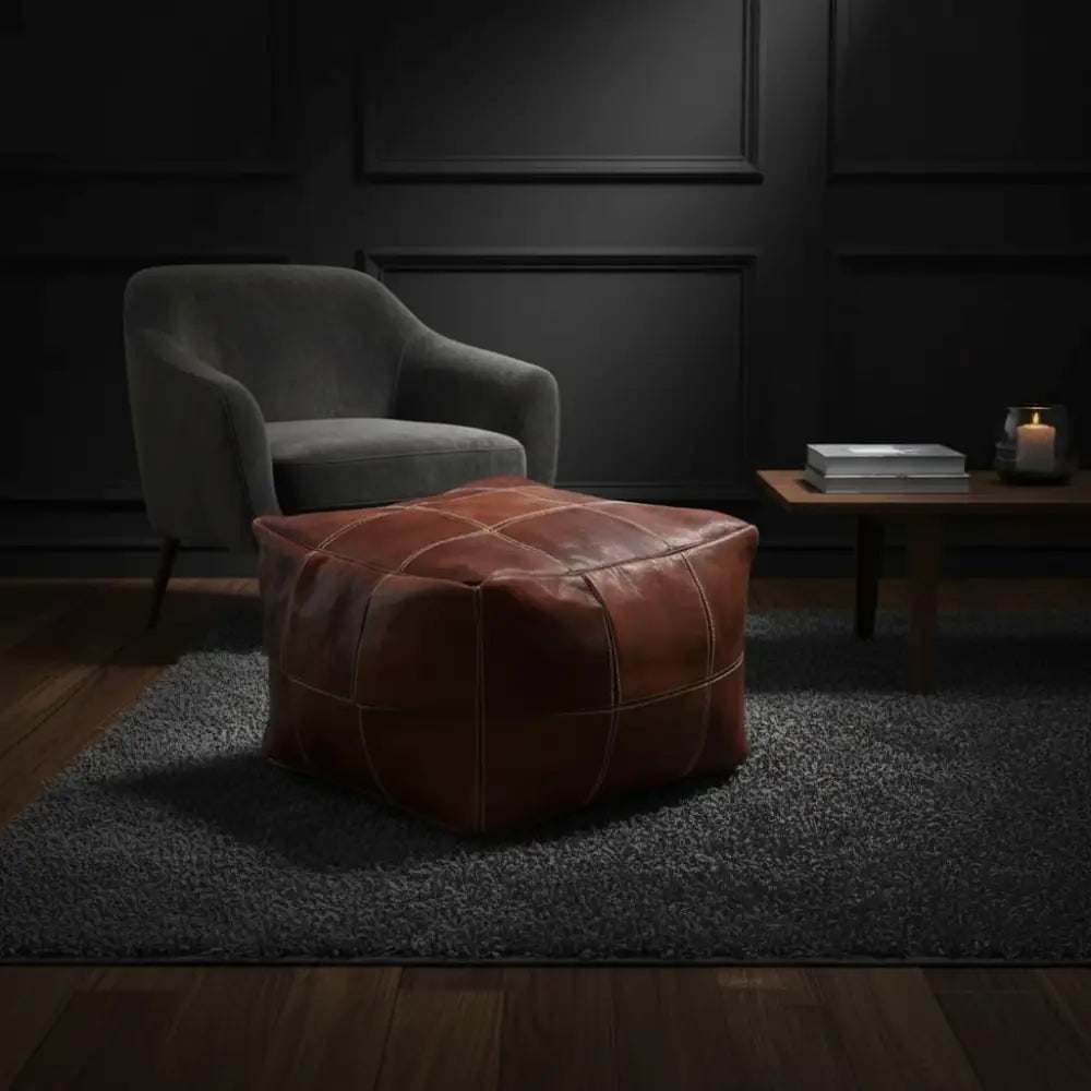 Moroccan Leather Large Ottoman - Square - Brown - Chessboard