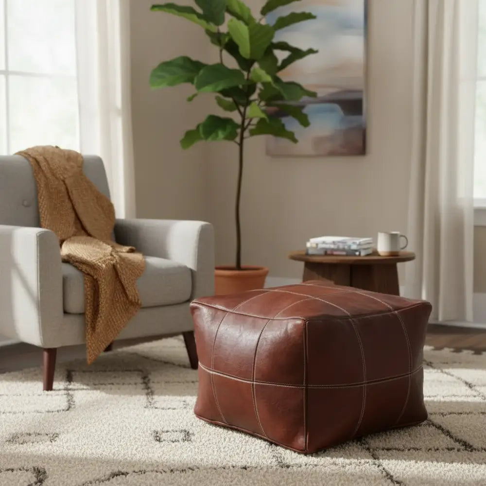 Moroccan Leather Large Ottoman - Square - Brown - Chessboard