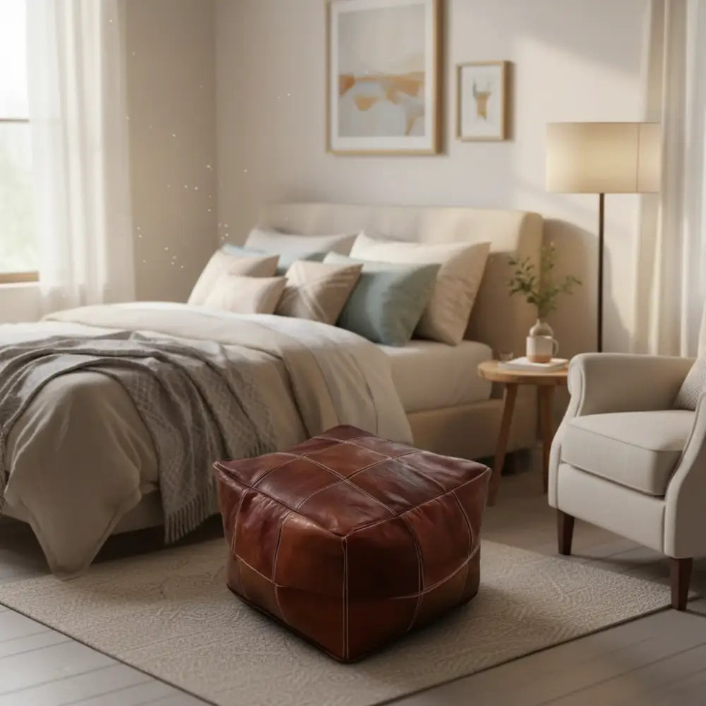 Moroccan Leather Large Ottoman - Square - Brown - Chessboard