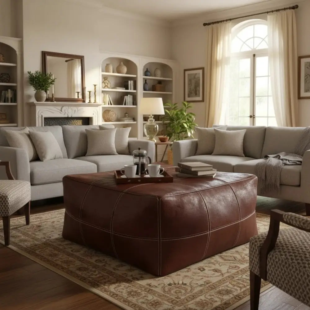 Moroccan Leather Large Ottoman - Square - Brown - Chessboard