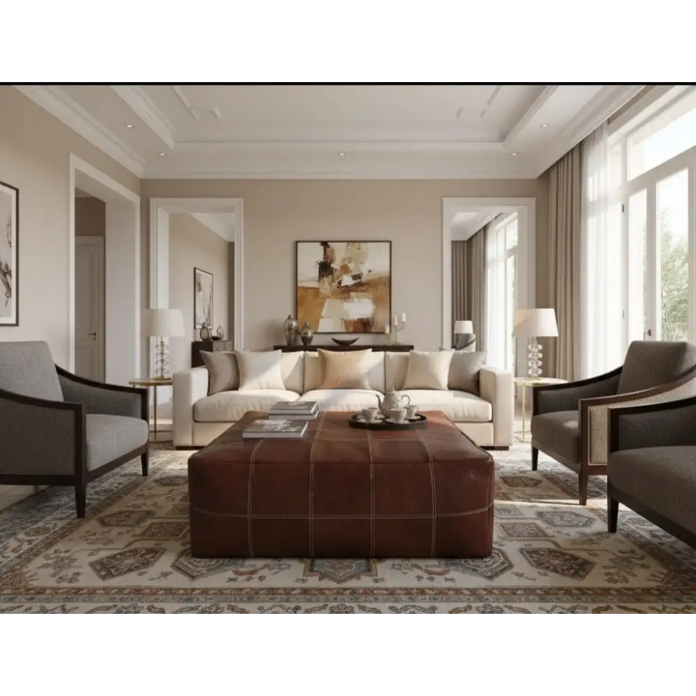 Moroccan Leather Large Ottoman - Square - Brown - Chessboard