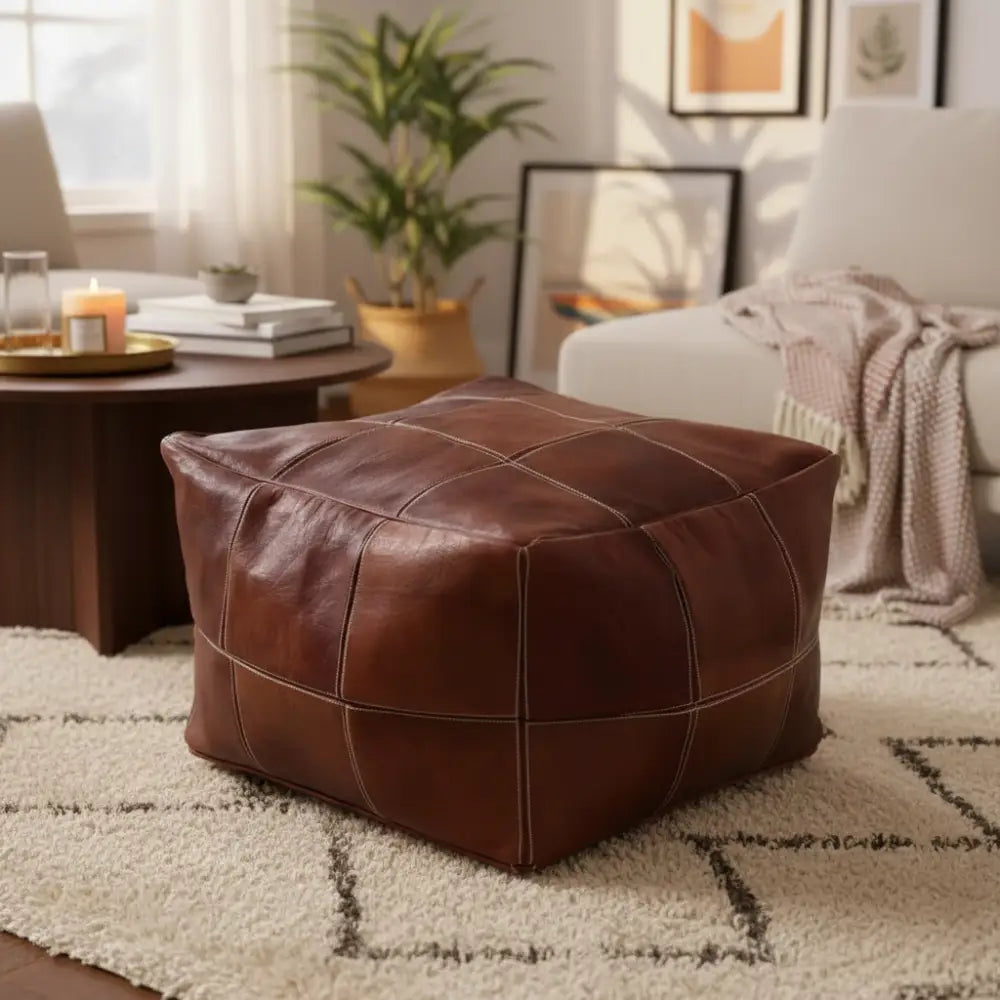 Moroccan Leather Large Ottoman - Square - Brown - Chessboard