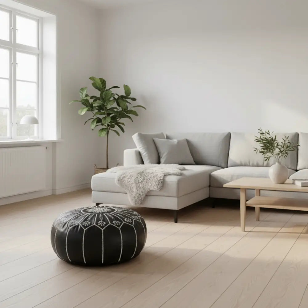 Moroccan Leather Ottoman - Arch Design - Black