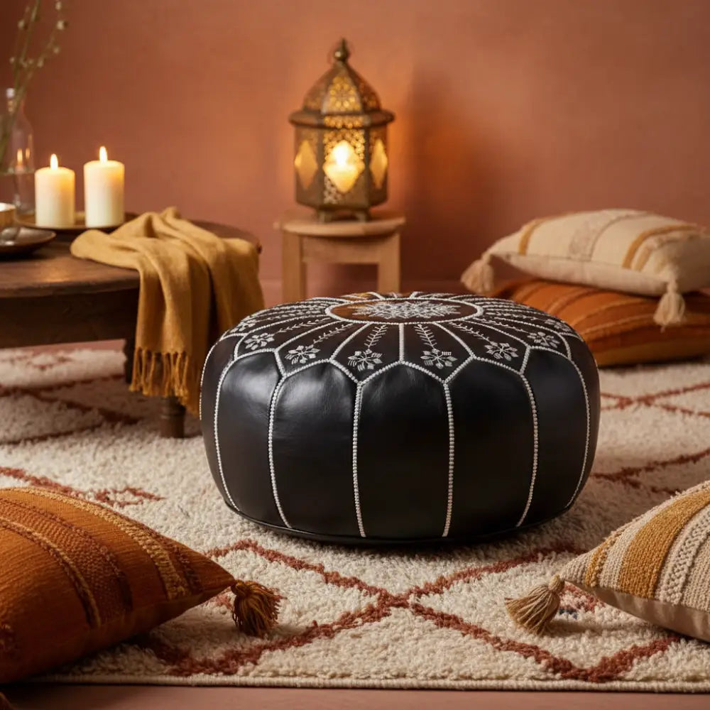 Moroccan Leather Ottoman - Arch Design - Black