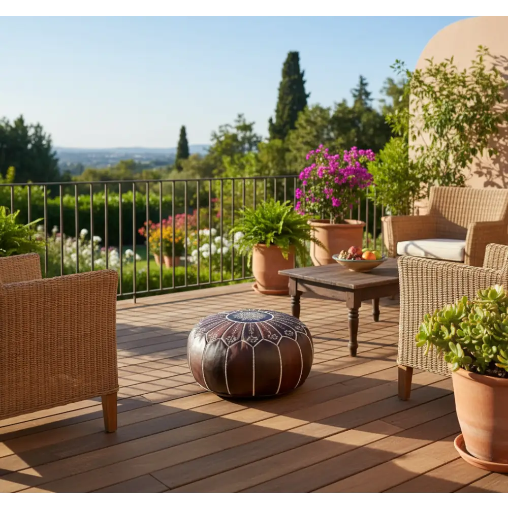 Moroccan Leather Ottoman - Arch Design - Brown