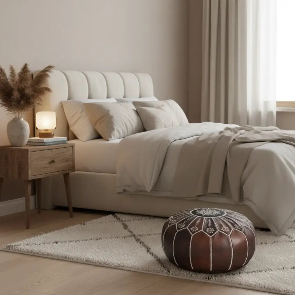 Moroccan Leather Ottoman - Arch Design - Brown