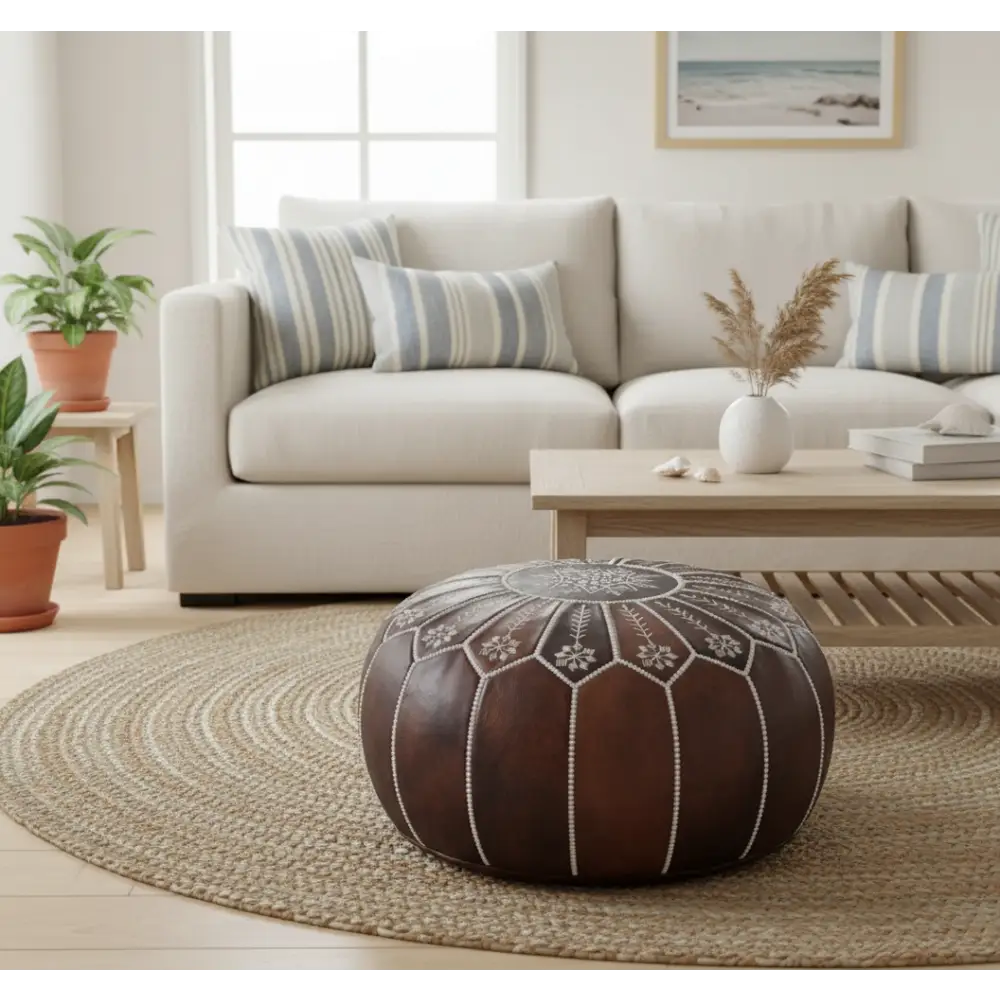 Moroccan Leather Ottoman - Arch Design - Brown