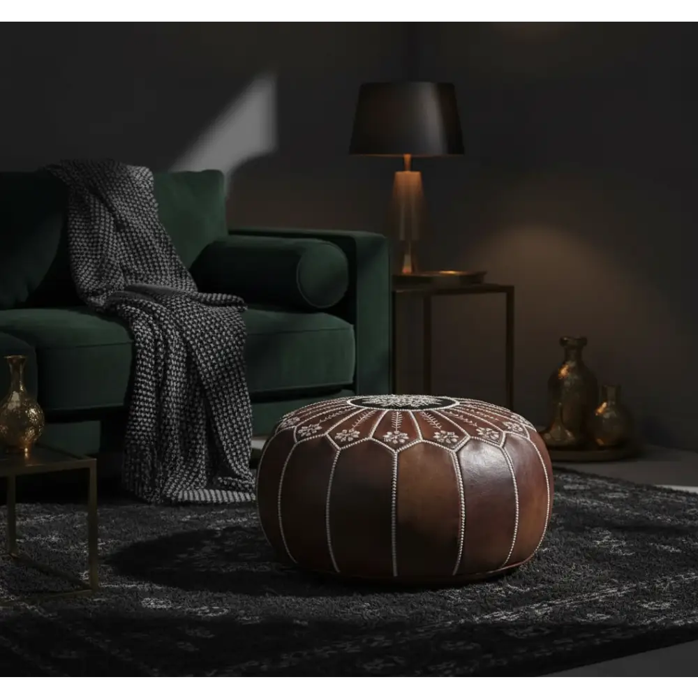 Moroccan Leather Ottoman - Arch Design - Brown